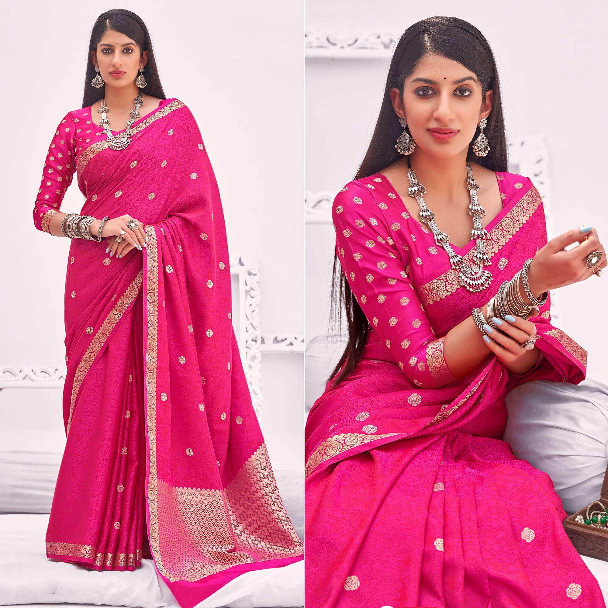 Dark Pink Festive Wear Woven Satin Saree - Peachmode