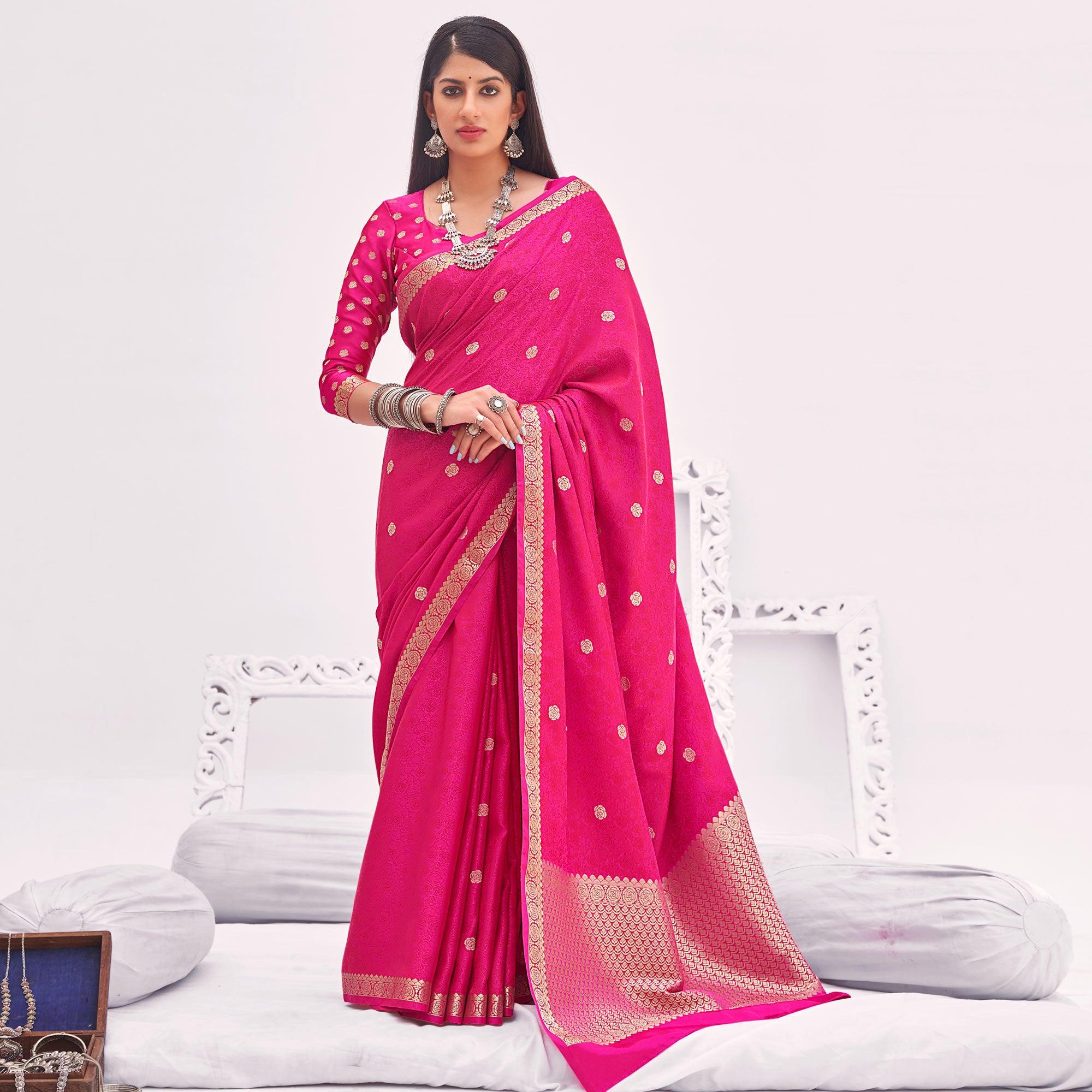Dark Pink Festive Wear Woven Satin Saree - Peachmode