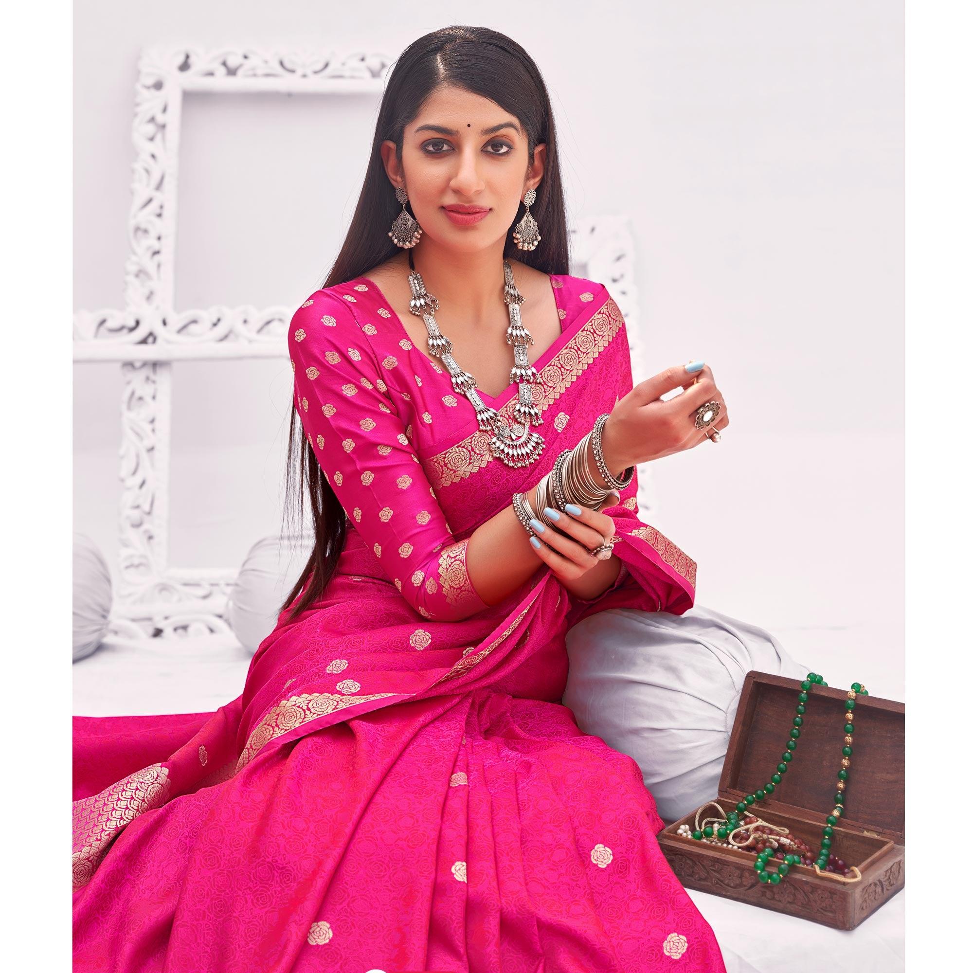 Dark Pink Festive Wear Woven Satin Saree - Peachmode