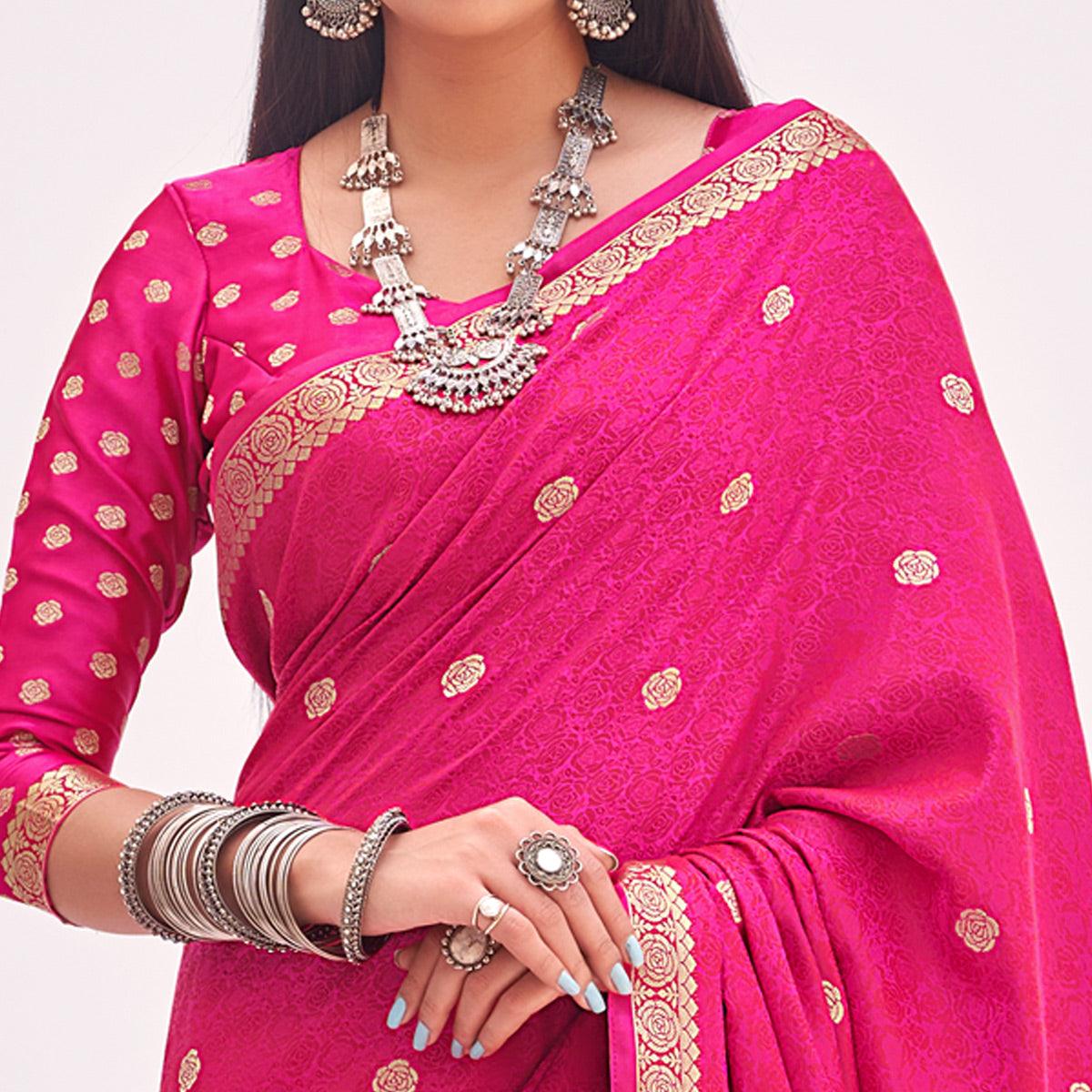 Dark Pink Festive Wear Woven Satin Saree - Peachmode