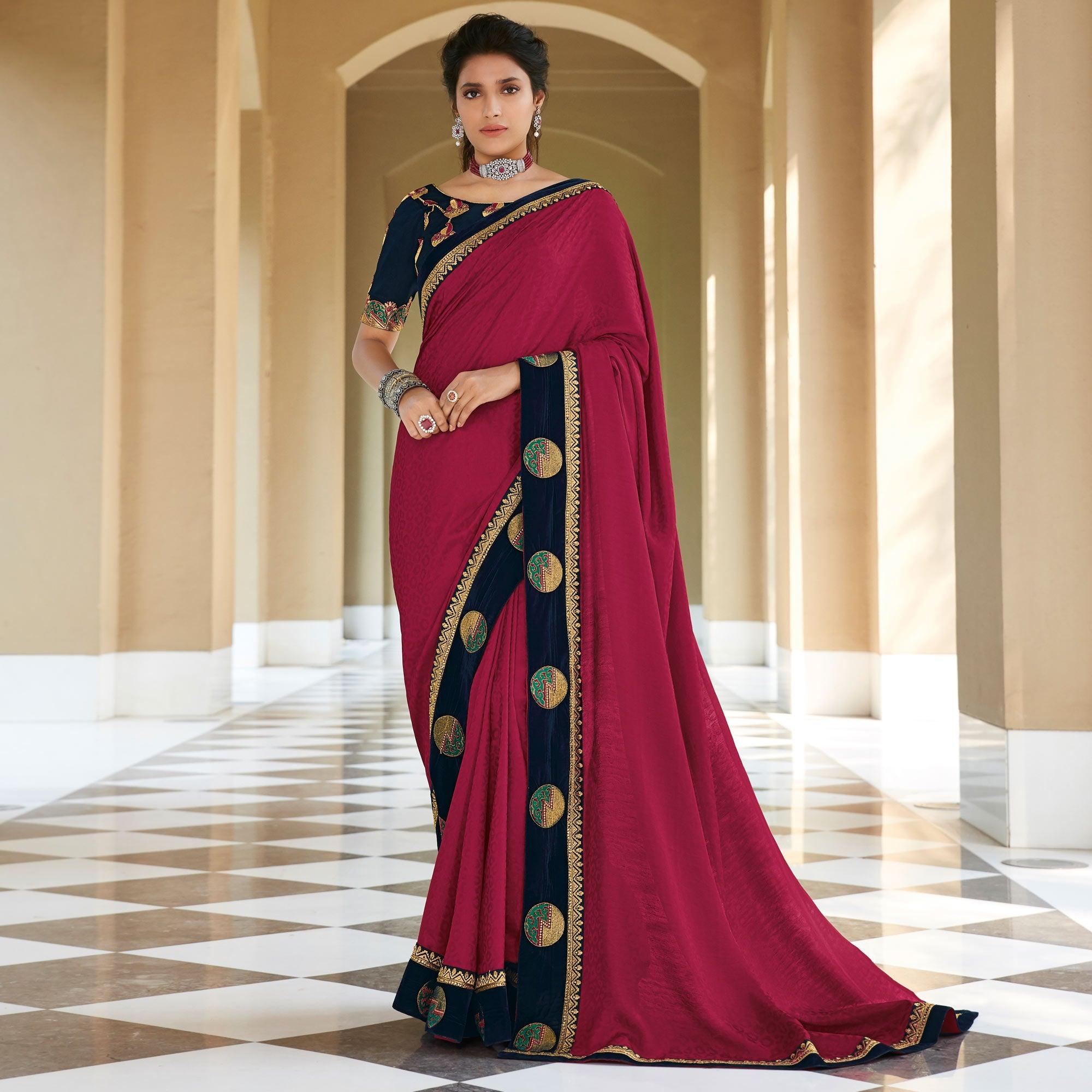 Dark Pink Festive Wear Woven Silk Saree With Border - Peachmode