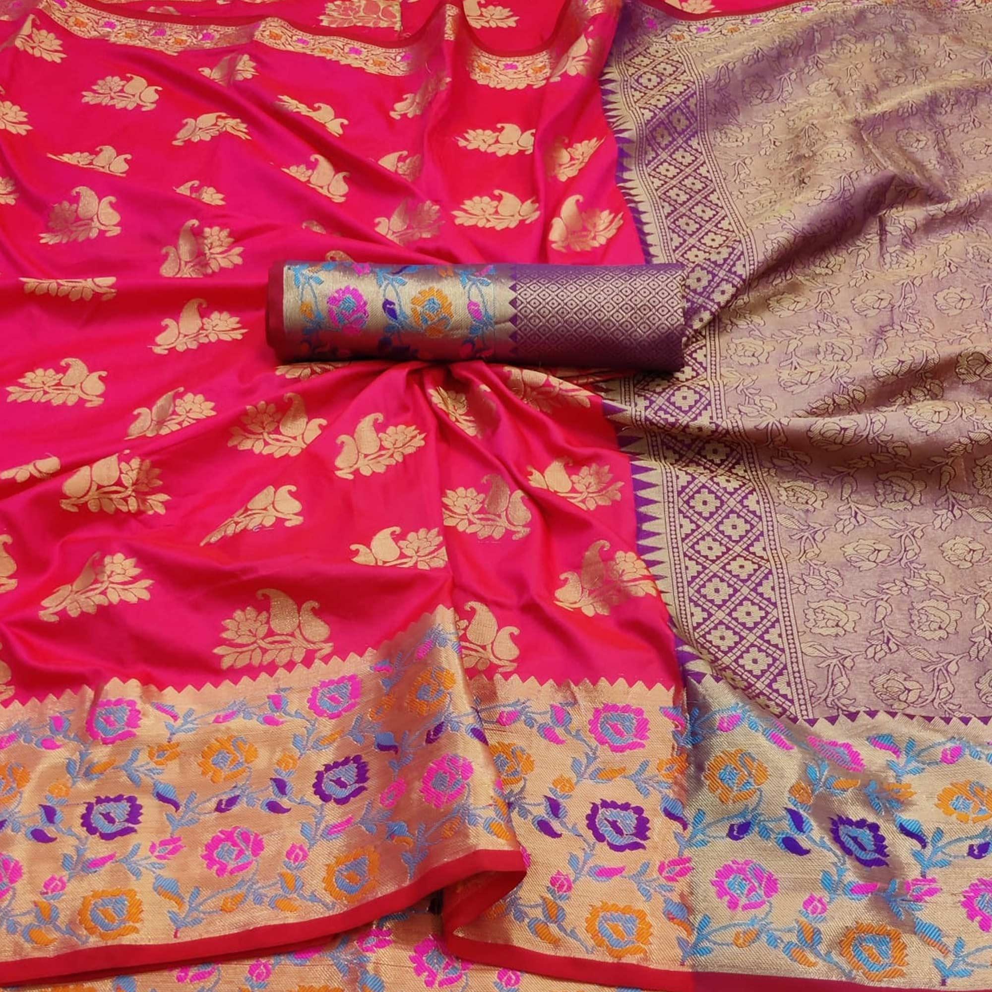 Dark Pink Festive Wear Woven Silk Saree With Border - Peachmode