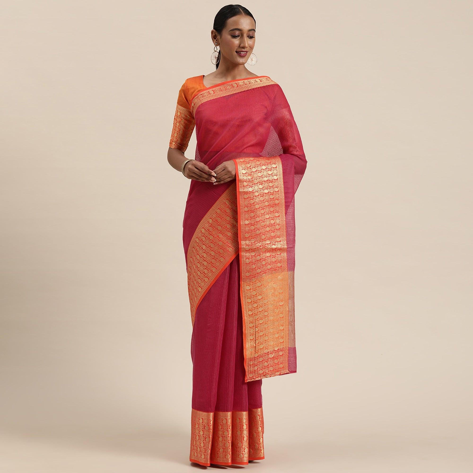 Dark Pink Festive Wear Woven Silk Saree With Jacquard Border - Peachmode