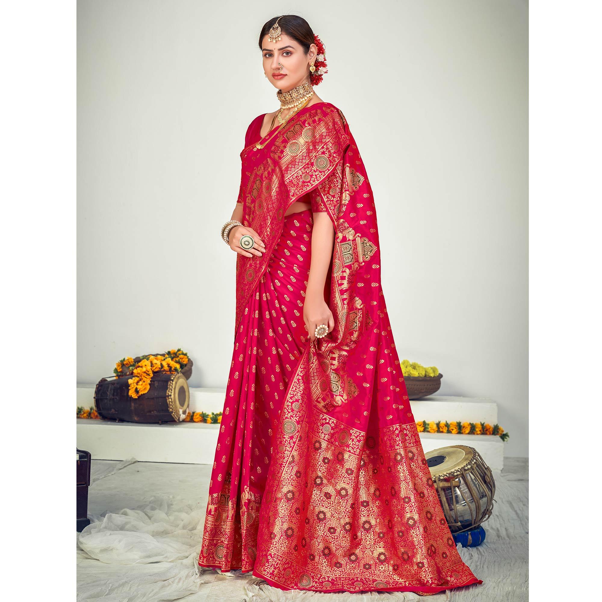 Dark Pink Festive Wear Zari Woven Banarasi Silk Saree - Peachmode