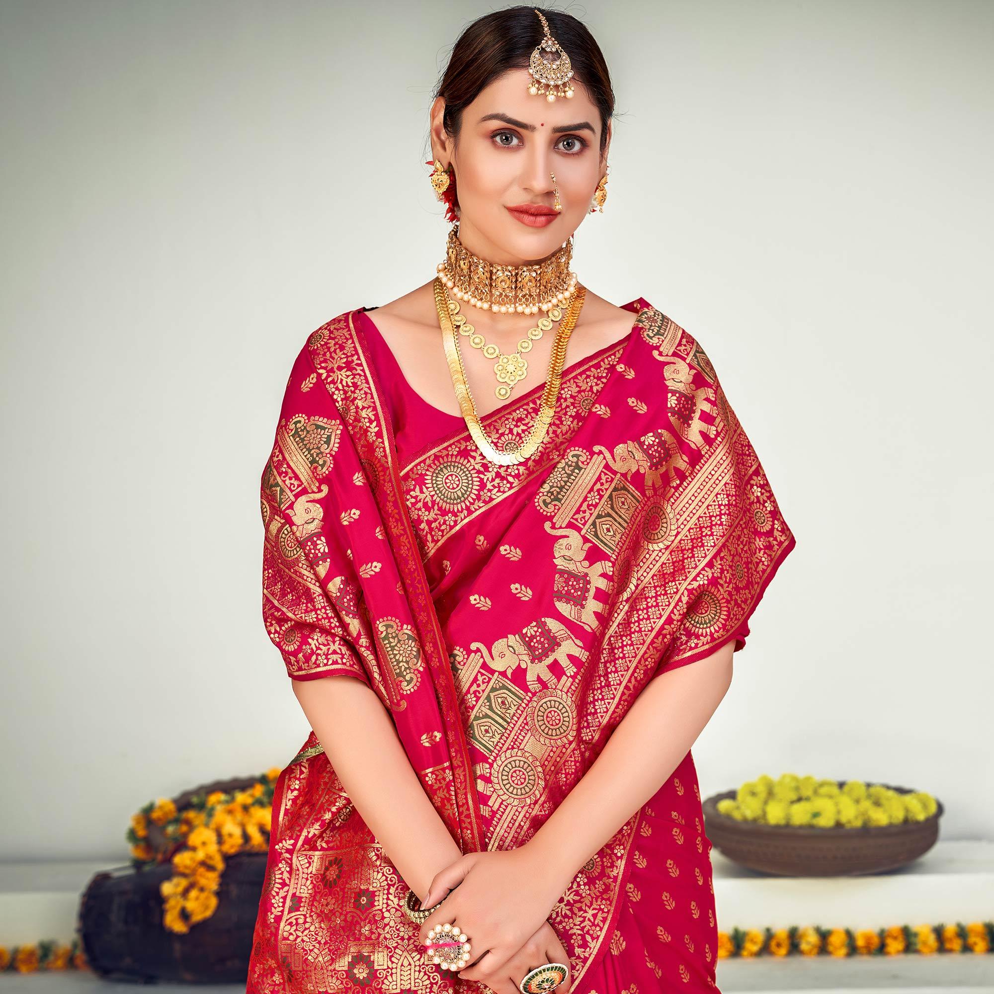 Dark Pink Festive Wear Zari Woven Banarasi Silk Saree - Peachmode