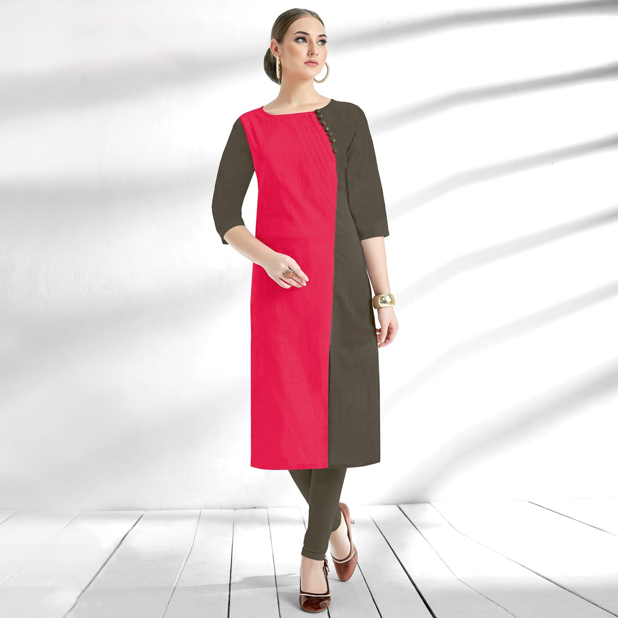 Dark Pink-Gray Solid Pure Cotton Kurti - Peachmode