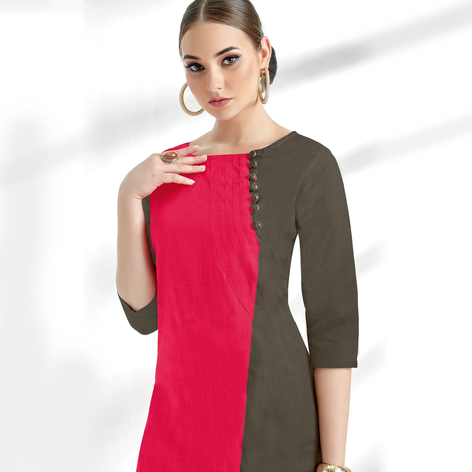 Dark Pink-Gray Solid Pure Cotton Kurti - Peachmode