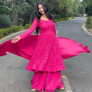 Dark Pink Lucknowi Embroidered Georgette Sharara Suit - Peachmode