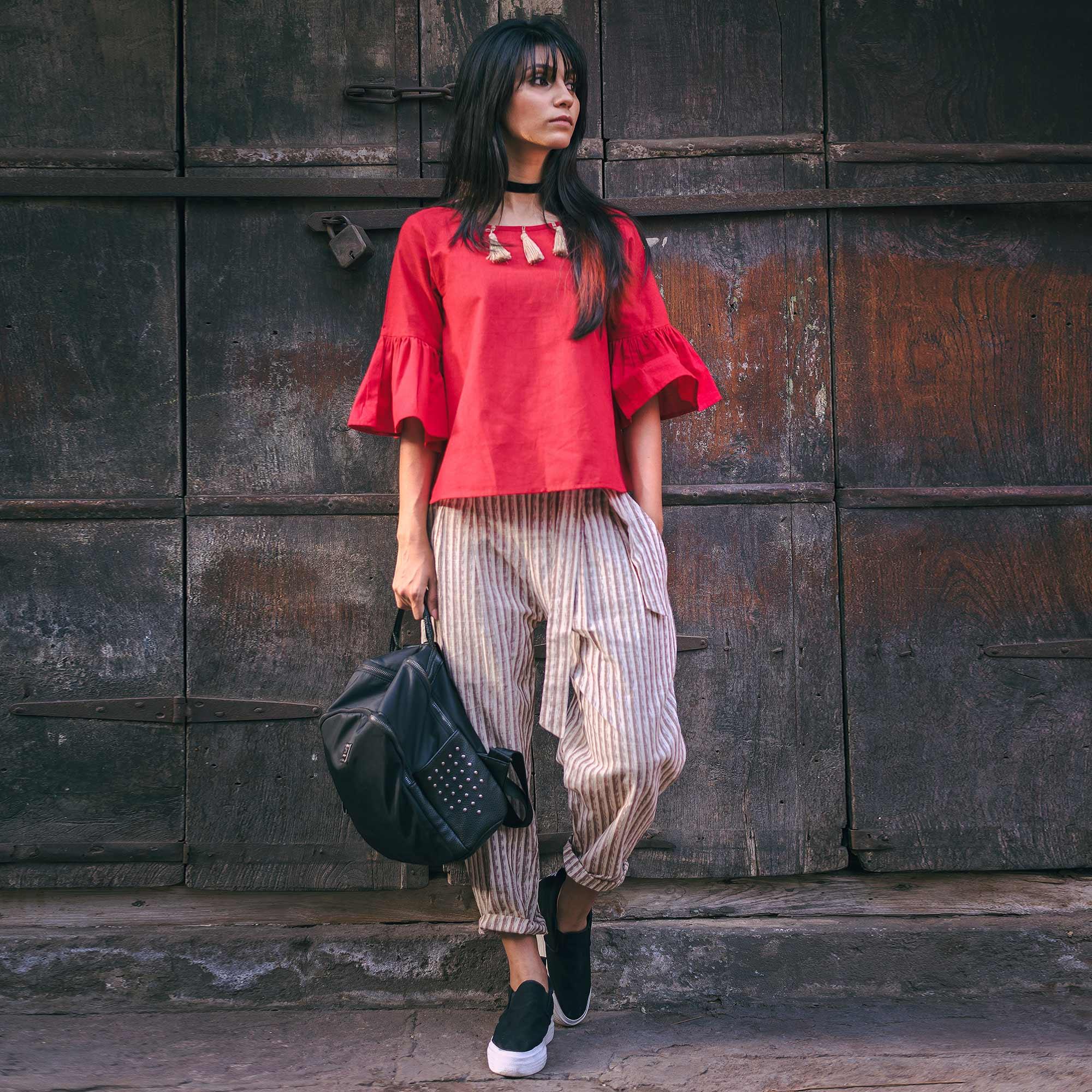 Dark Pink-Off-White Solid Khaadi Top-Bottom Set - Peachmode