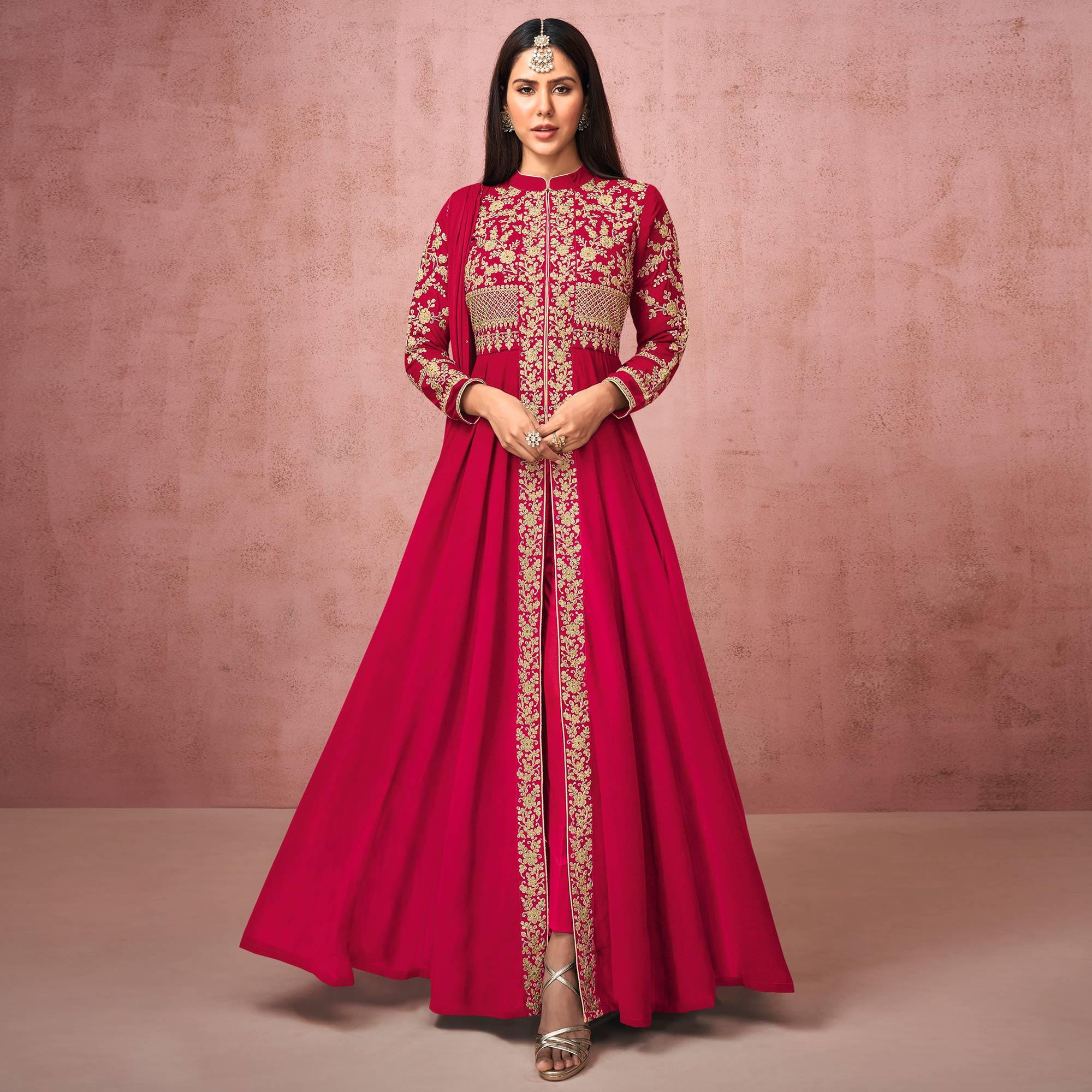 Dark Pink Partywear Embroidered Georgette Anarkali Suit - Peachmode