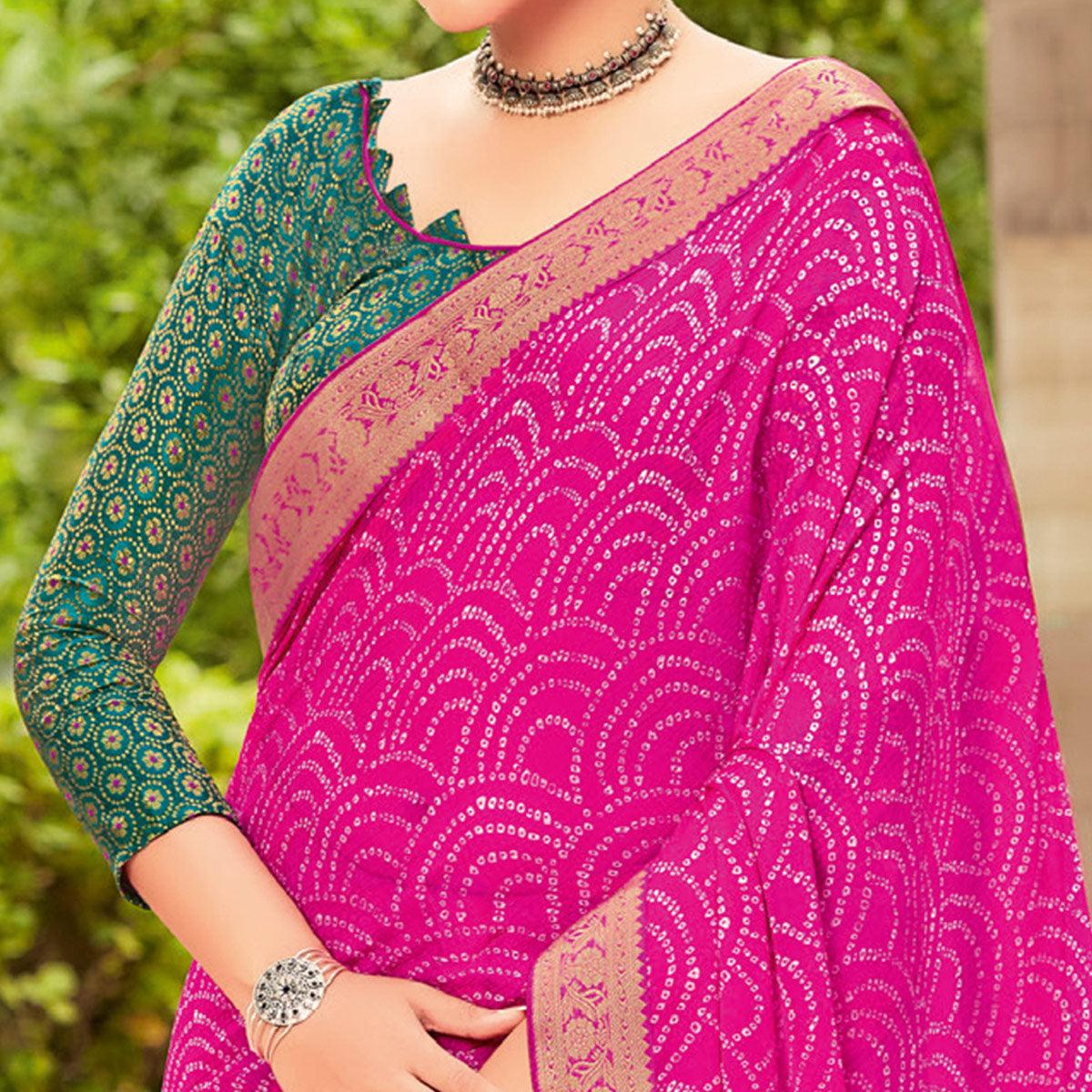 Dark Pink Partywear Printed Chiffon Saree With Border - Peachmode