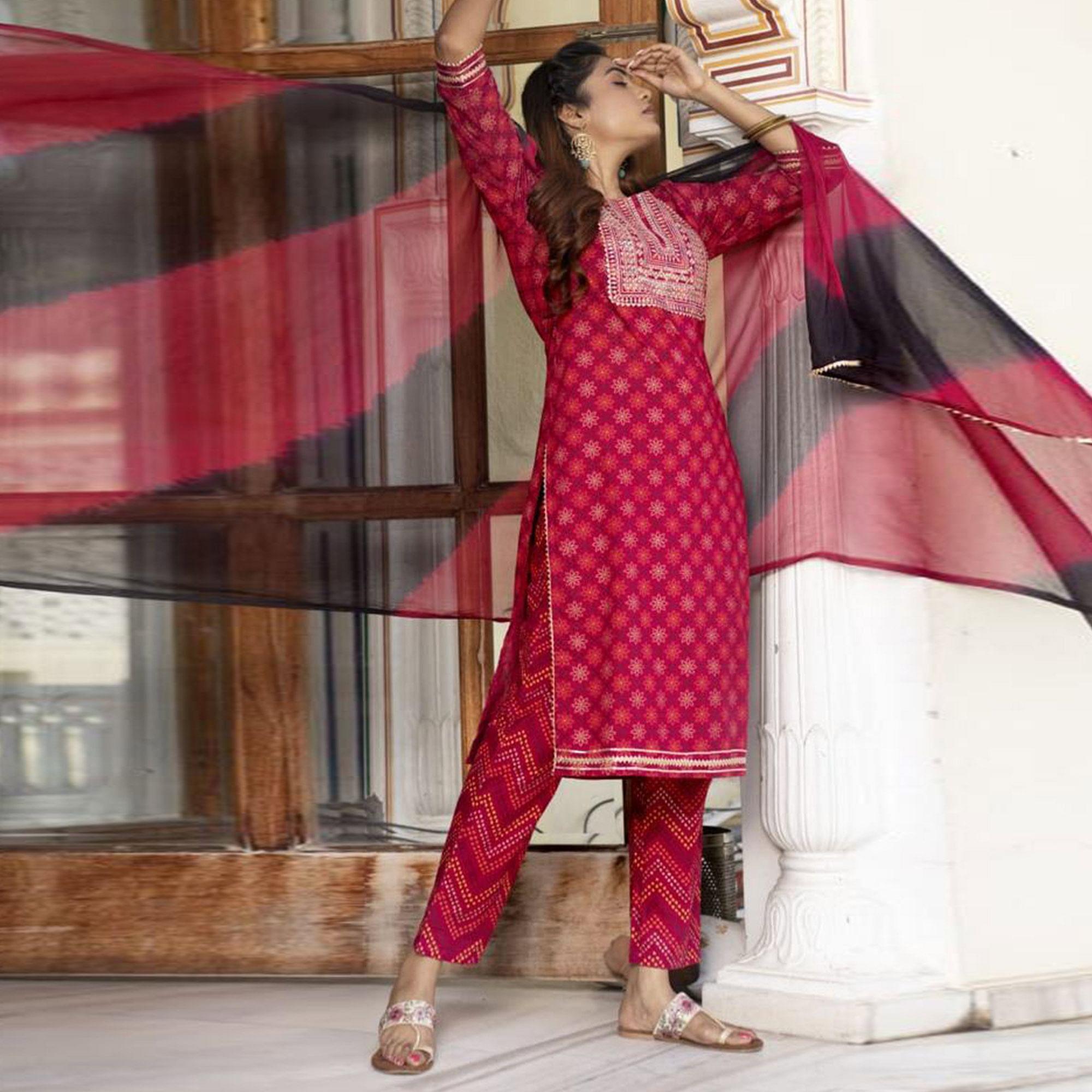 Dark Pink Partywear Printed With Sequence Embroidered Kurti Pant Set With Dupatta - Peachmode