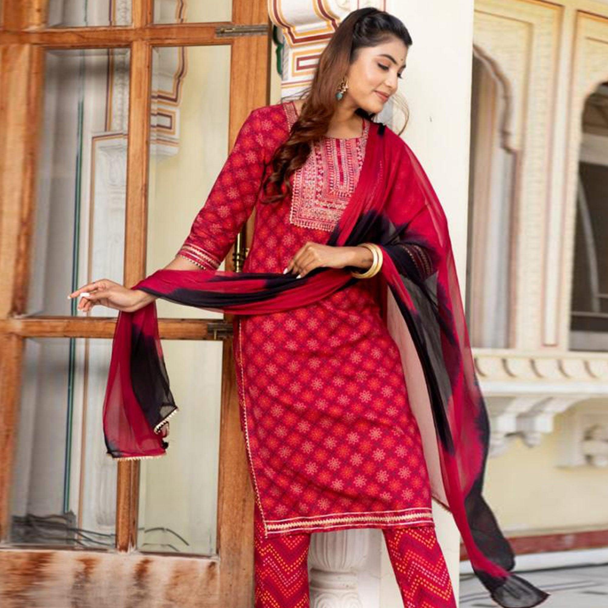 Dark Pink Partywear Printed With Sequence Embroidered Kurti Pant Set With Dupatta - Peachmode
