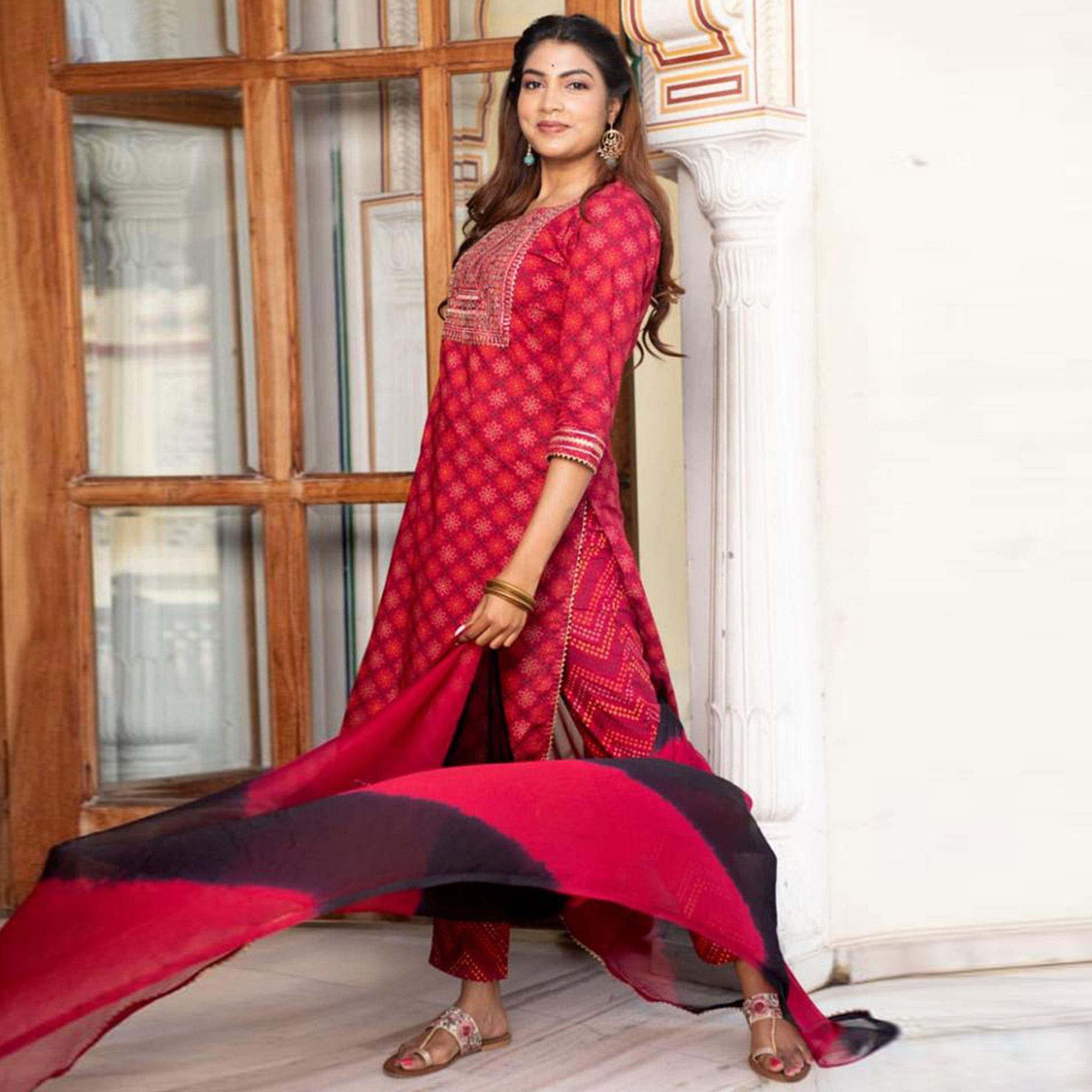 Dark Pink Partywear Printed With Sequence Embroidered Kurti Pant Set With Dupatta - Peachmode