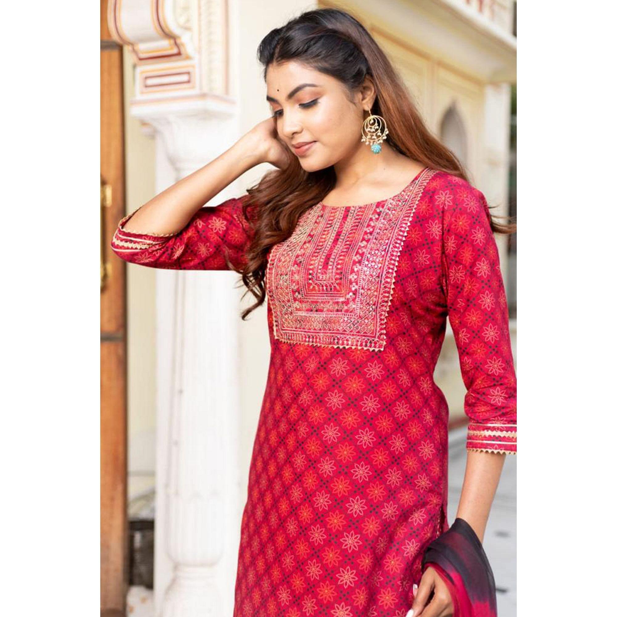 Dark Pink Partywear Printed With Sequence Embroidered Kurti Pant Set With Dupatta - Peachmode
