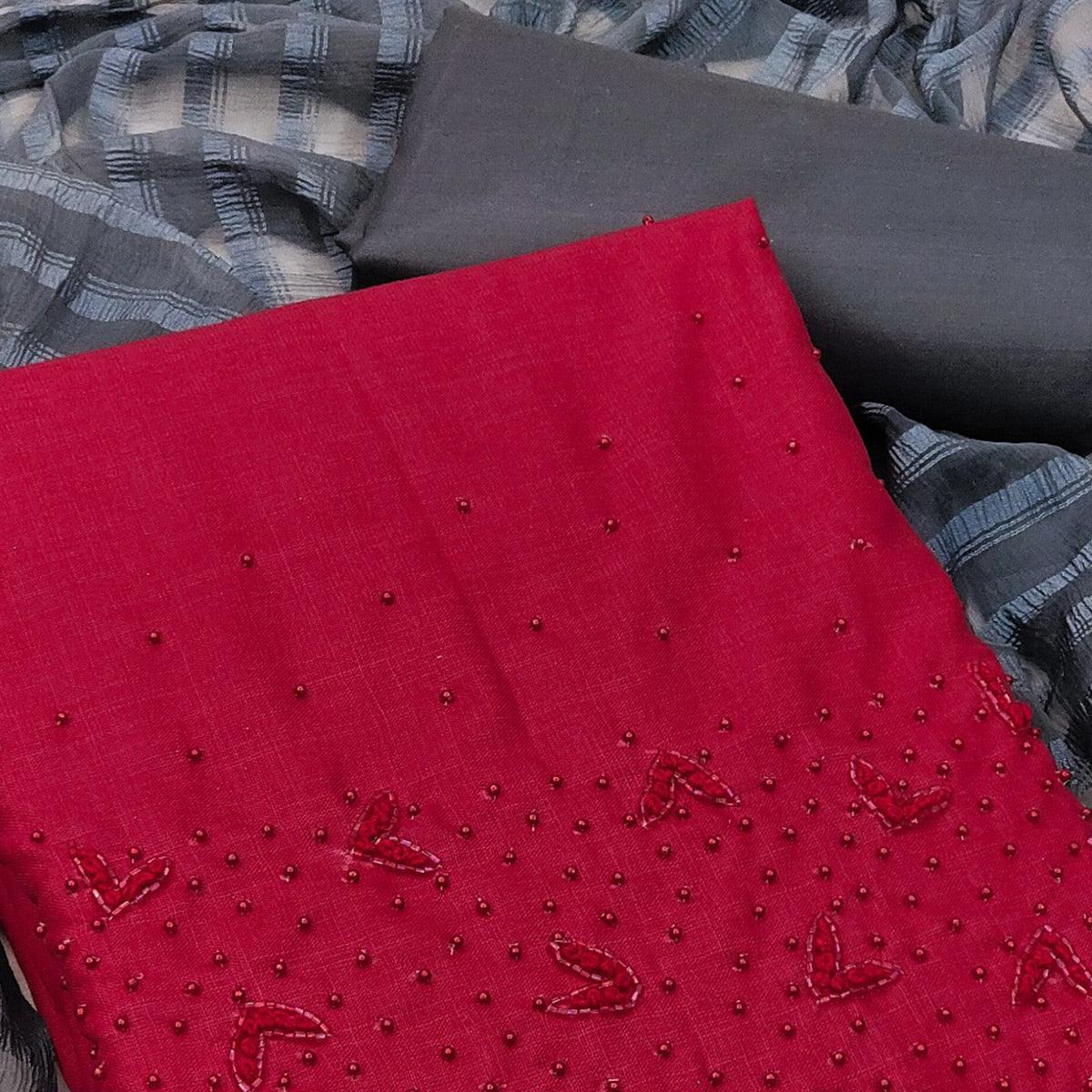 Dark Pink Pearl Embroidered Pure Cotton Dress Material - Peachmode