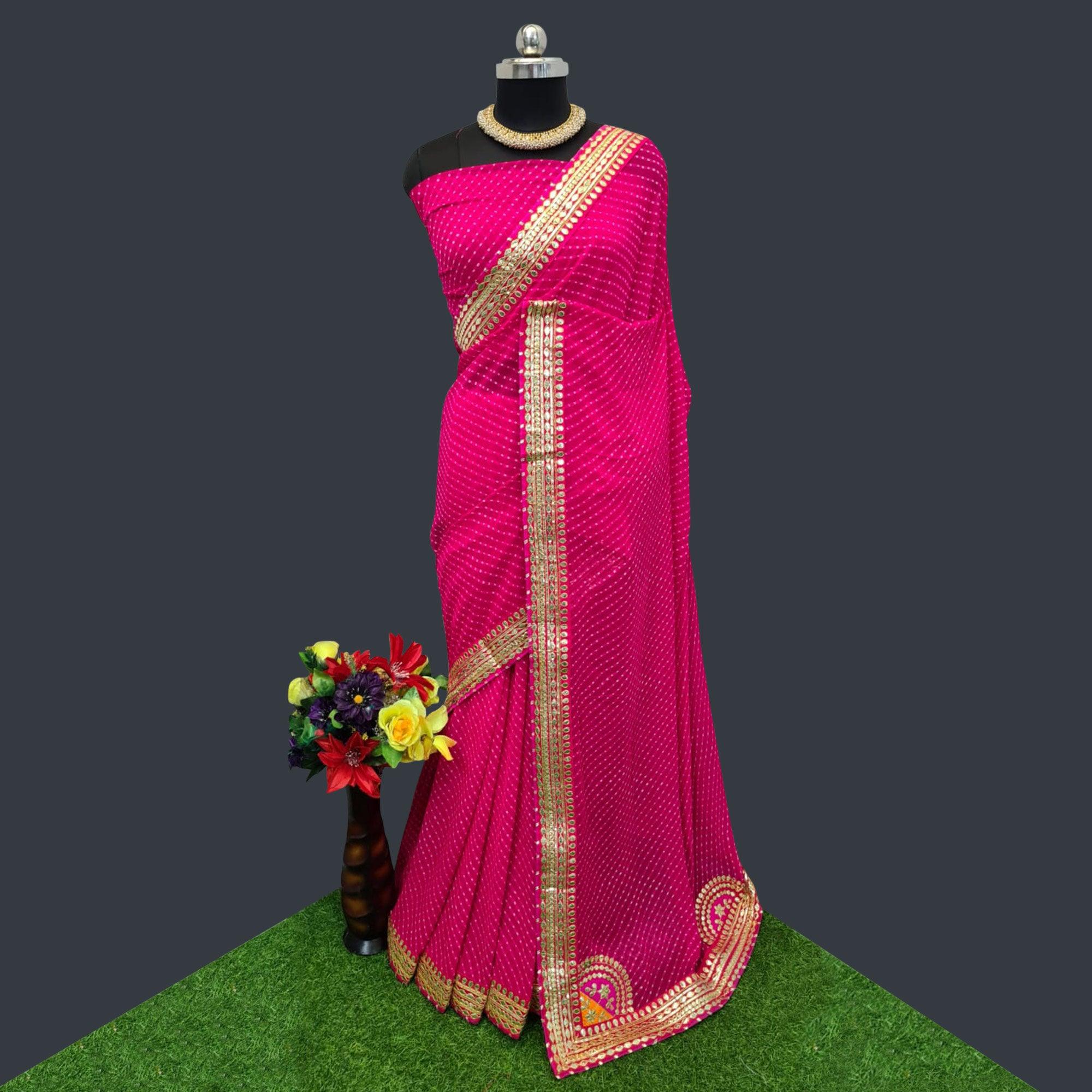 Dark Pink Printed Georgette Saree With Lace Border - Peachmode