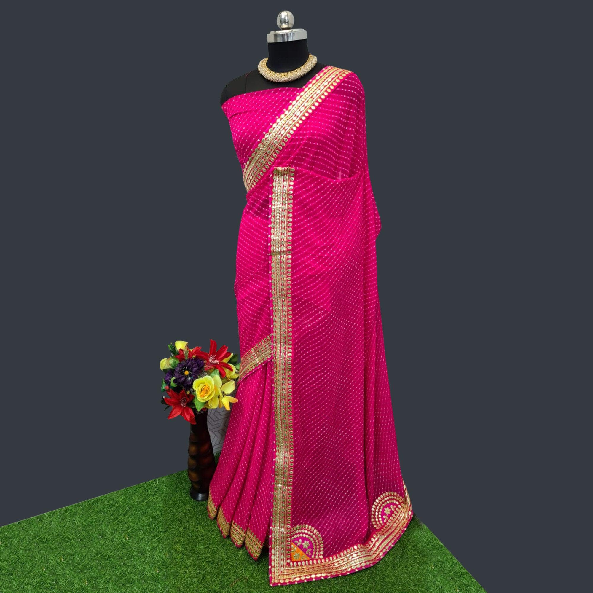 Dark Pink Printed Georgette Saree With Lace Border - Peachmode