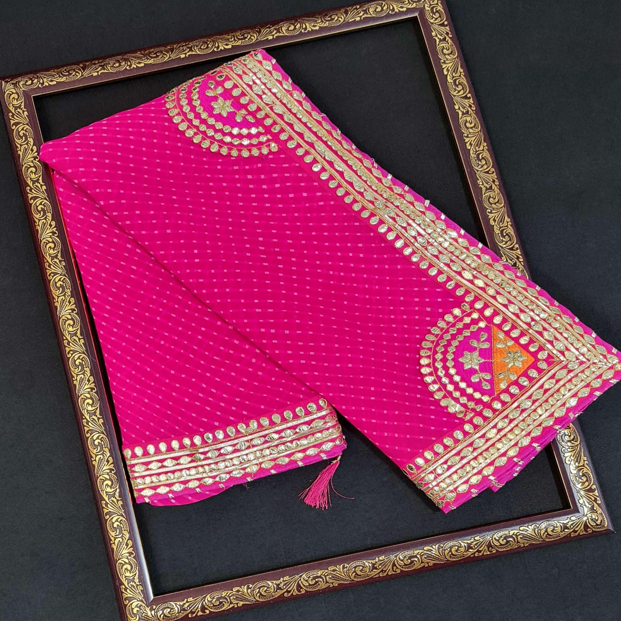 Dark Pink Printed Georgette Saree With Lace Border - Peachmode