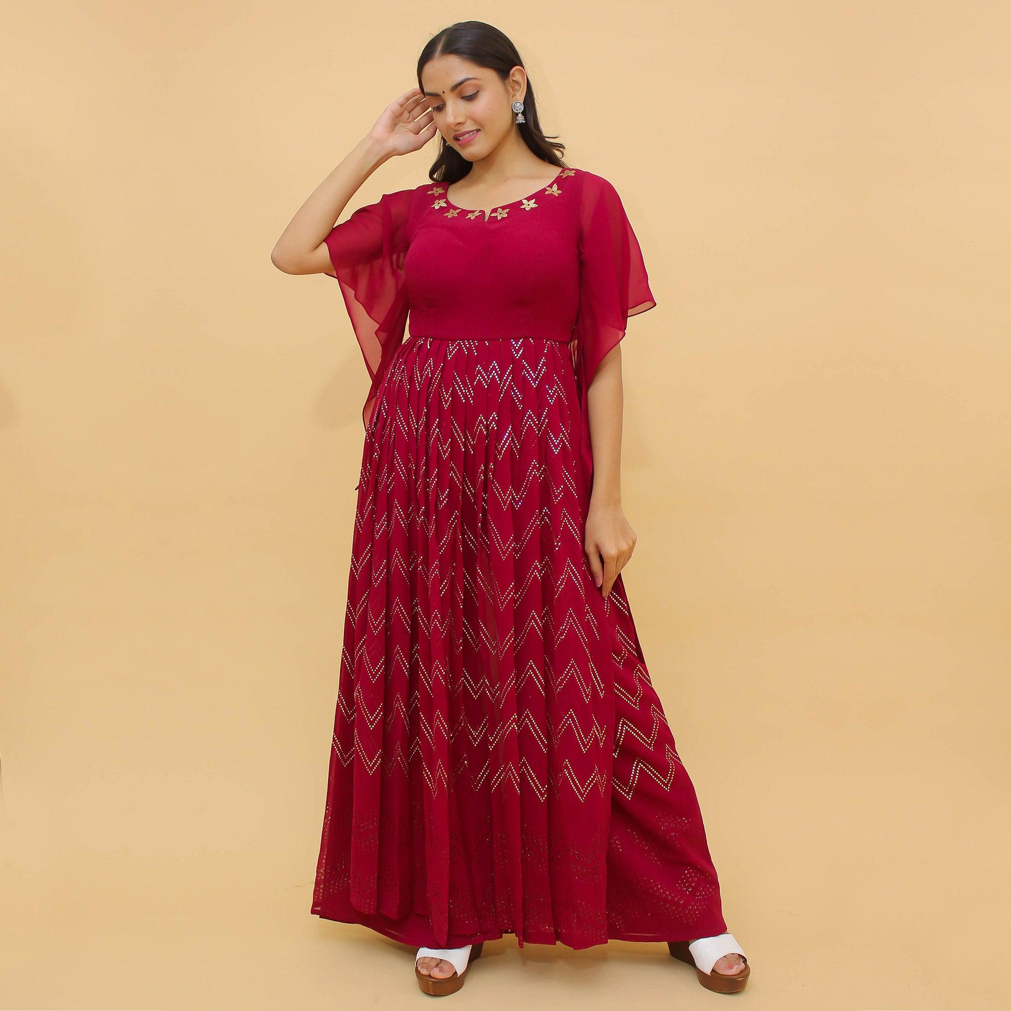 Dark Pink Printed With Mukaish Work Georgette Partywear Suit - Peachmode