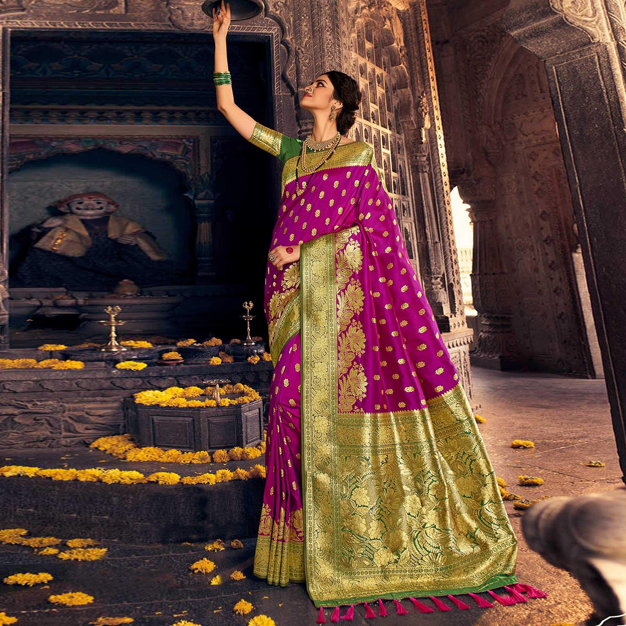 Dark Purple  & Green Festive Wear Woven Banarasi Silk Saree - Peachmode