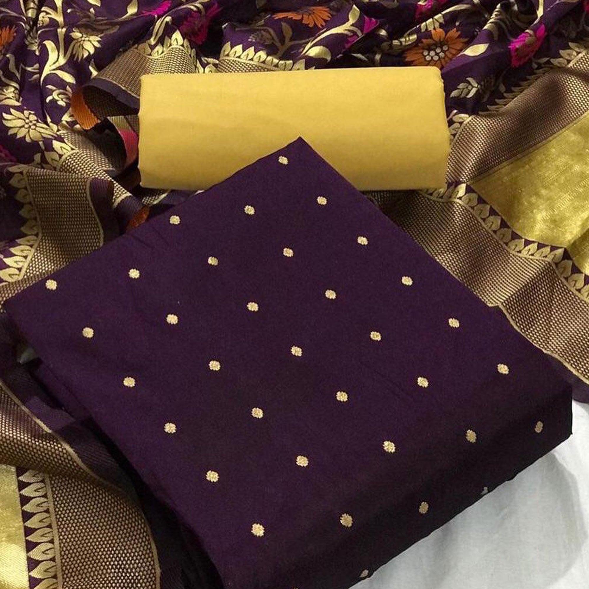 Dark Purple Casual Wear Woven Banarasi Silk Dress Material - Peachmode