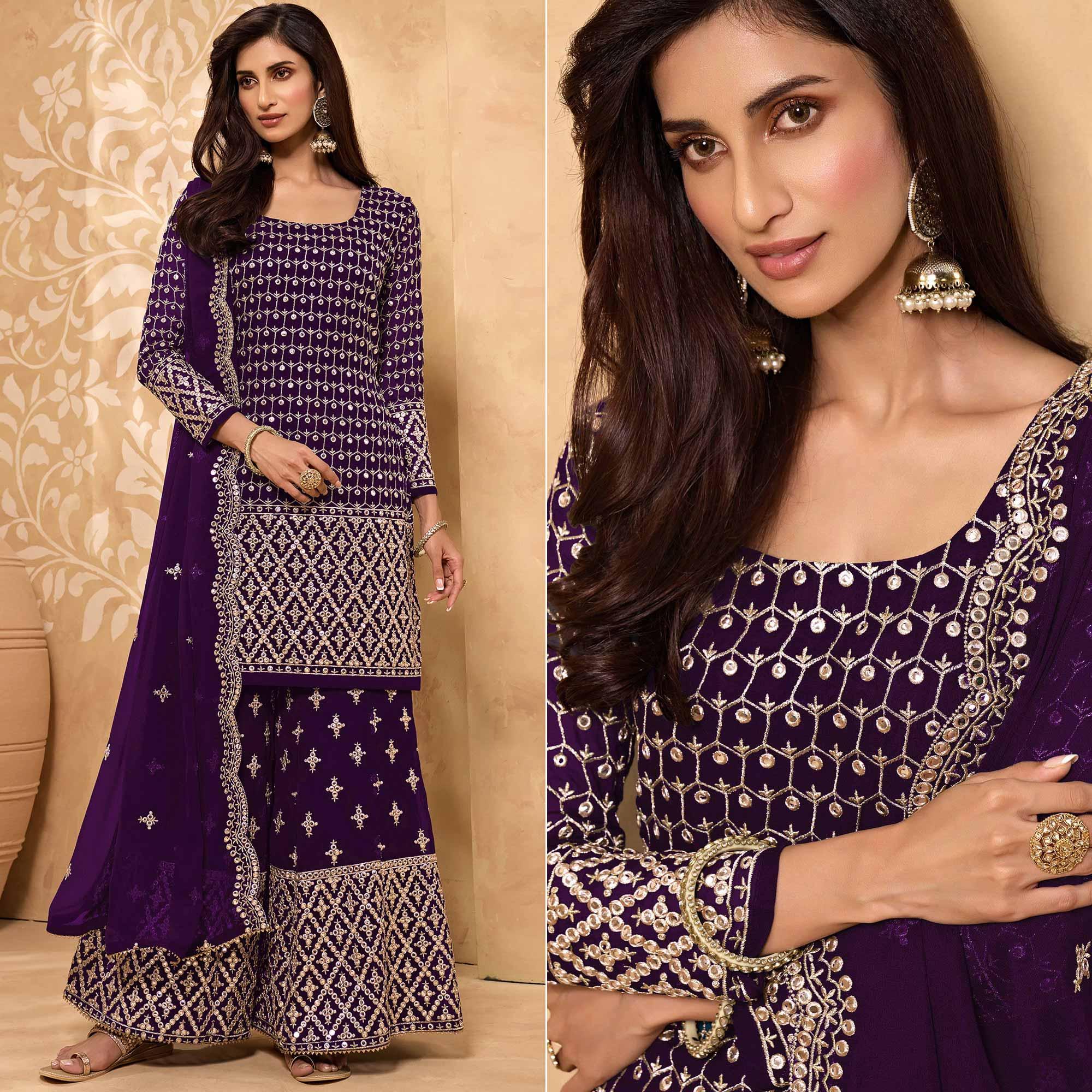 Dark Purple Embroidered-Embellished Georgette Sharara Suit - Peachmode