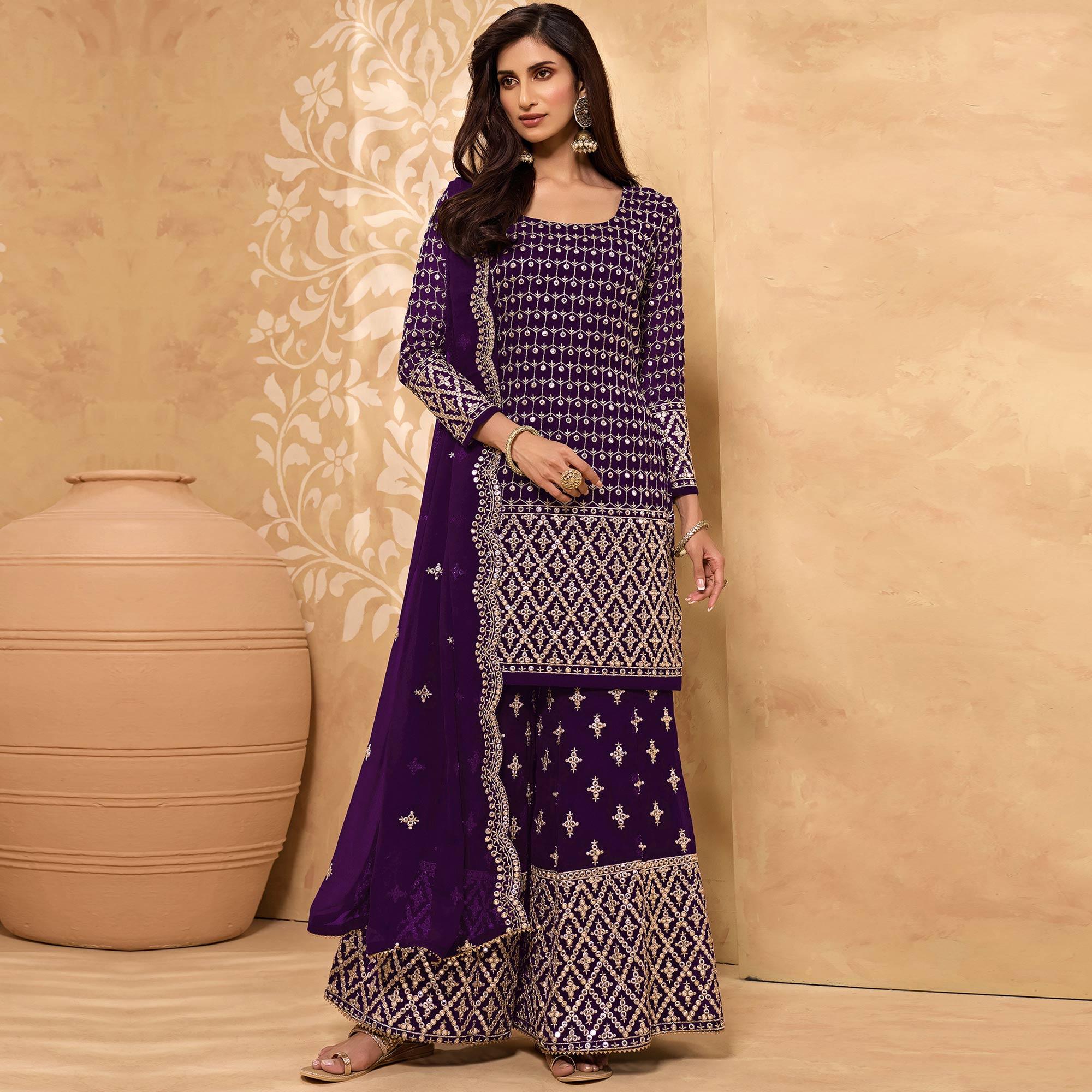 Dark Purple Embroidered-Embellished Georgette Sharara Suit - Peachmode