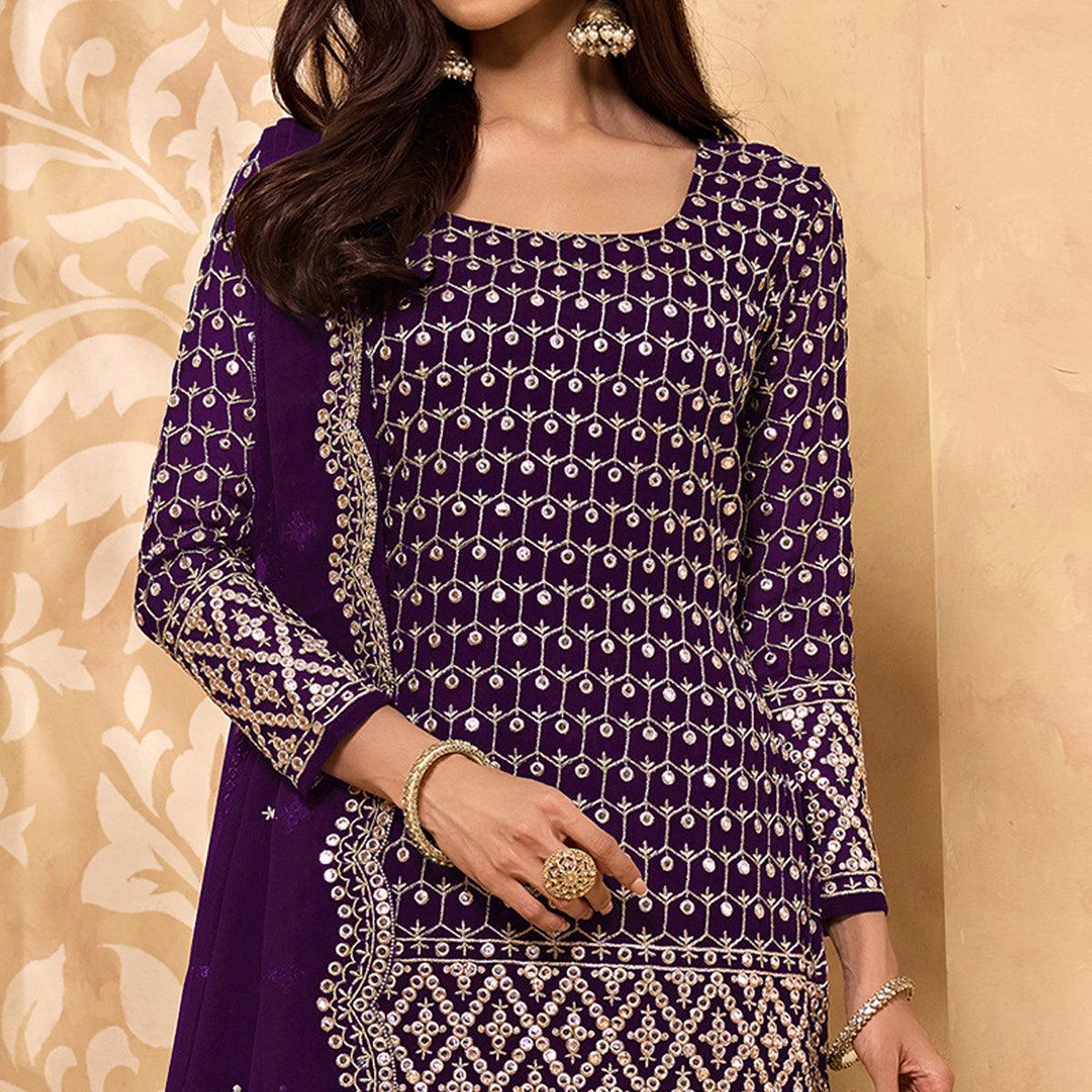 Dark Purple Embroidered-Embellished Georgette Sharara Suit - Peachmode