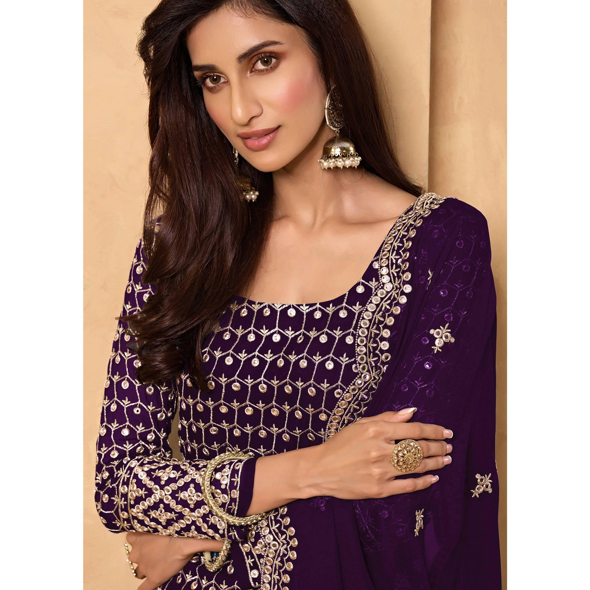 Dark Purple Embroidered-Embellished Georgette Sharara Suit - Peachmode