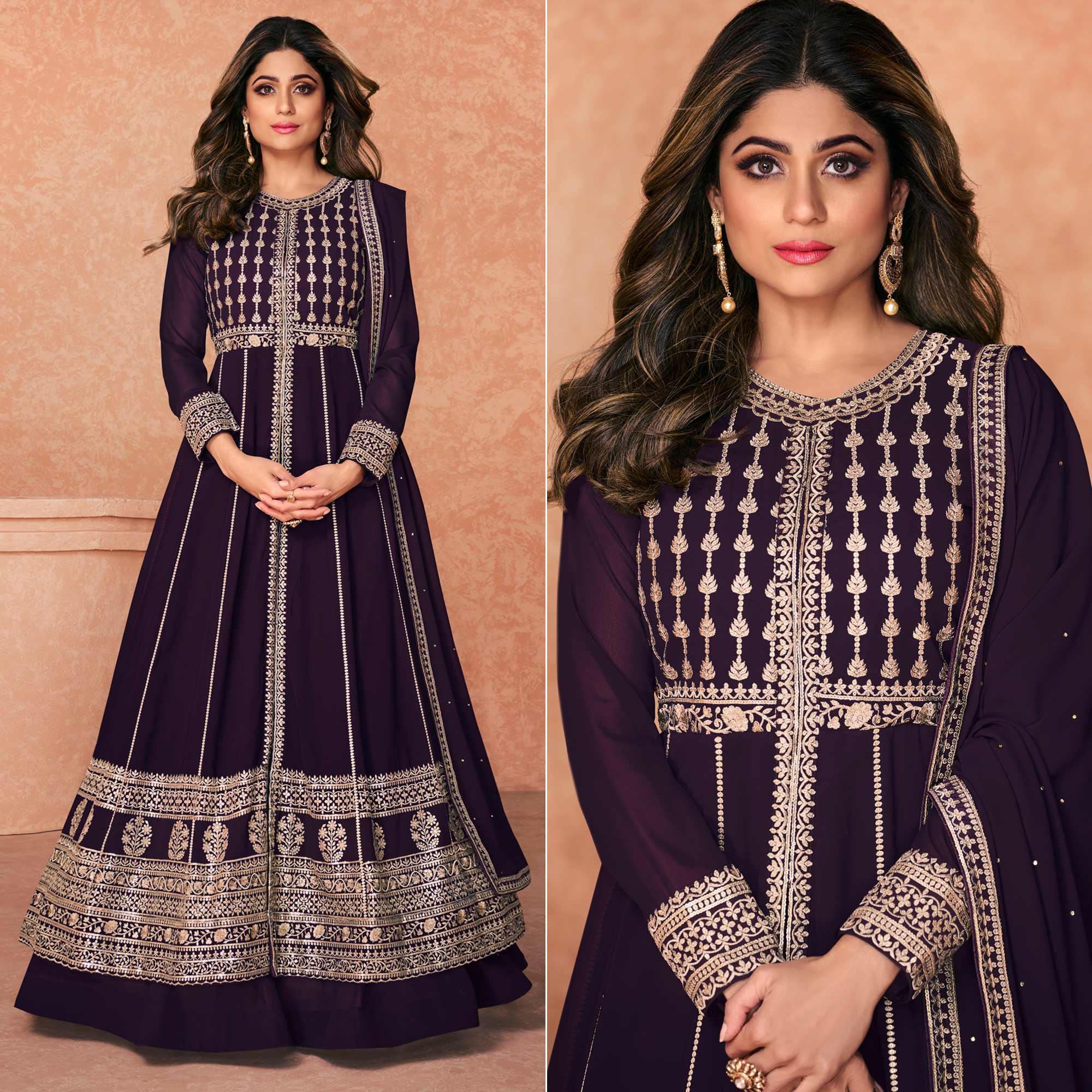 Dark Purple Embroidered Georgette Anarkali Style Gown - Peachmode