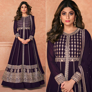 Dark Purple Embroidered Georgette Anarkali Style Gown - Peachmode