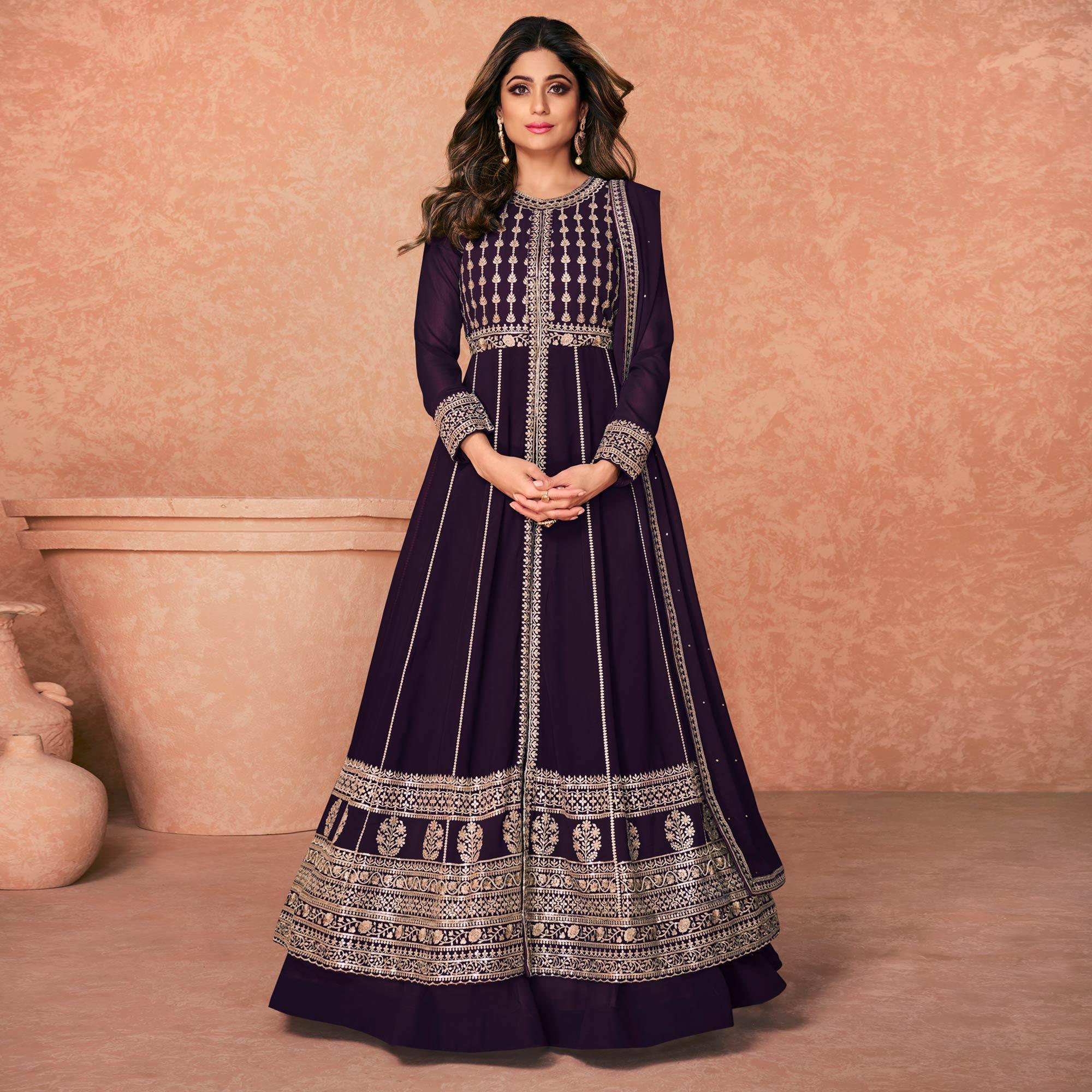 Dark Purple Embroidered Georgette Anarkali Style Gown - Peachmode