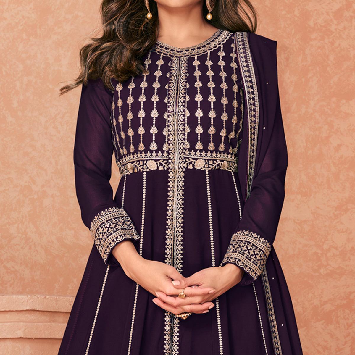 Dark Purple Embroidered Georgette Anarkali Style Gown - Peachmode