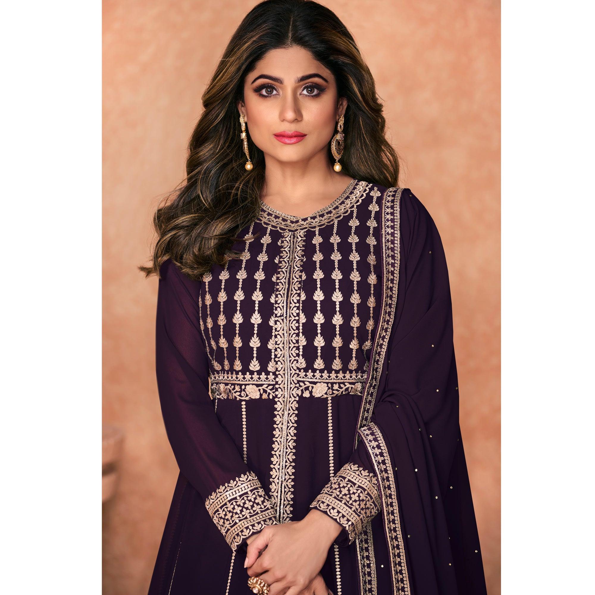 Dark Purple Embroidered Georgette Anarkali Style Gown - Peachmode