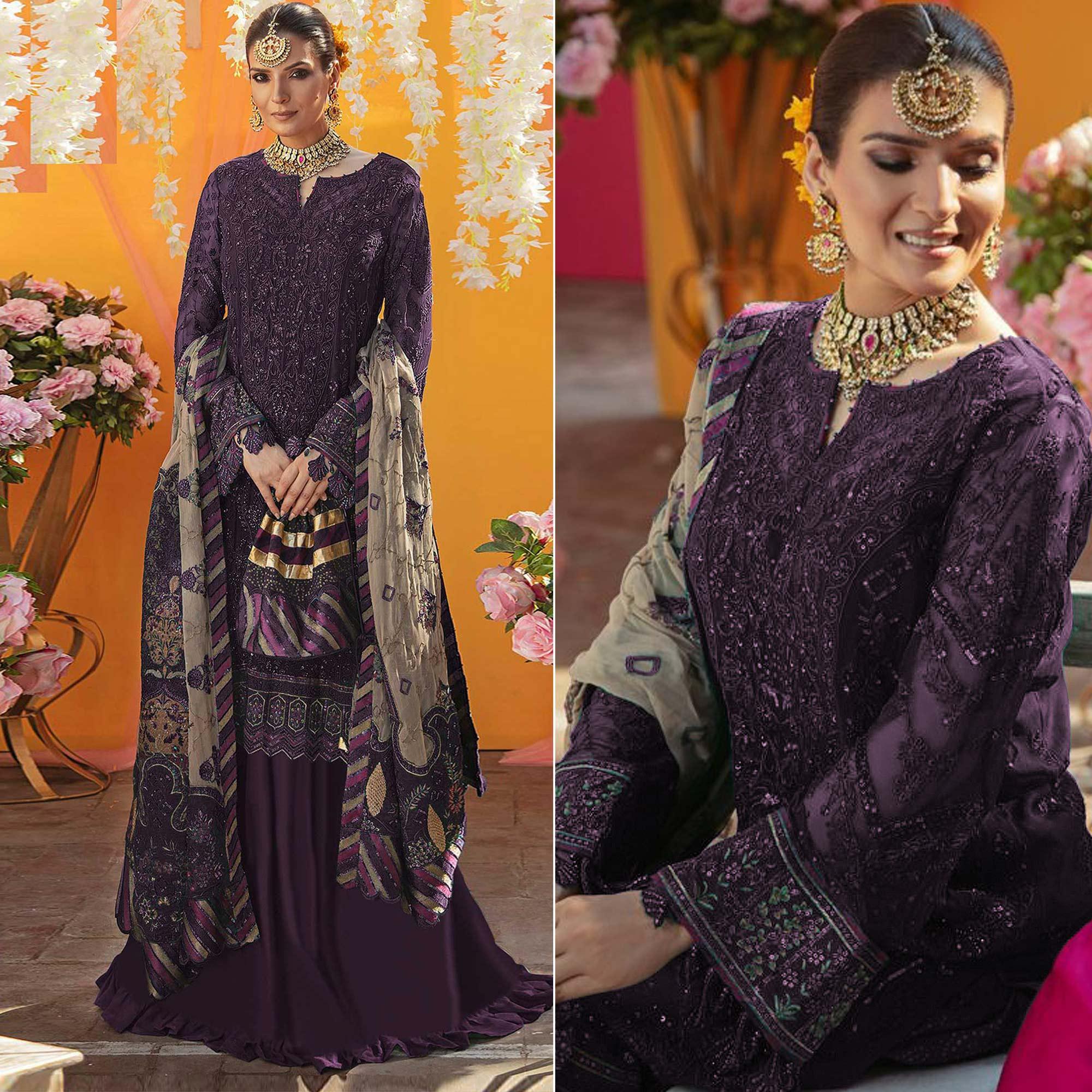 Dark Purple Embroidered Georgette Suit - Peachmode