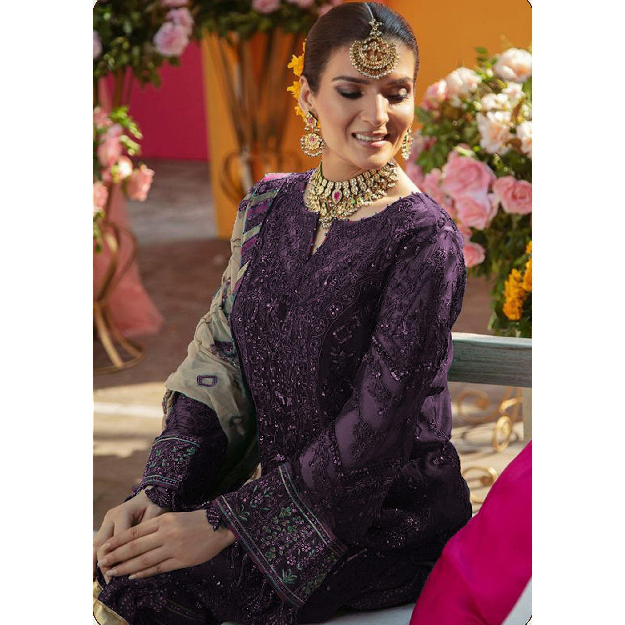 Dark Purple Embroidered Georgette Suit - Peachmode