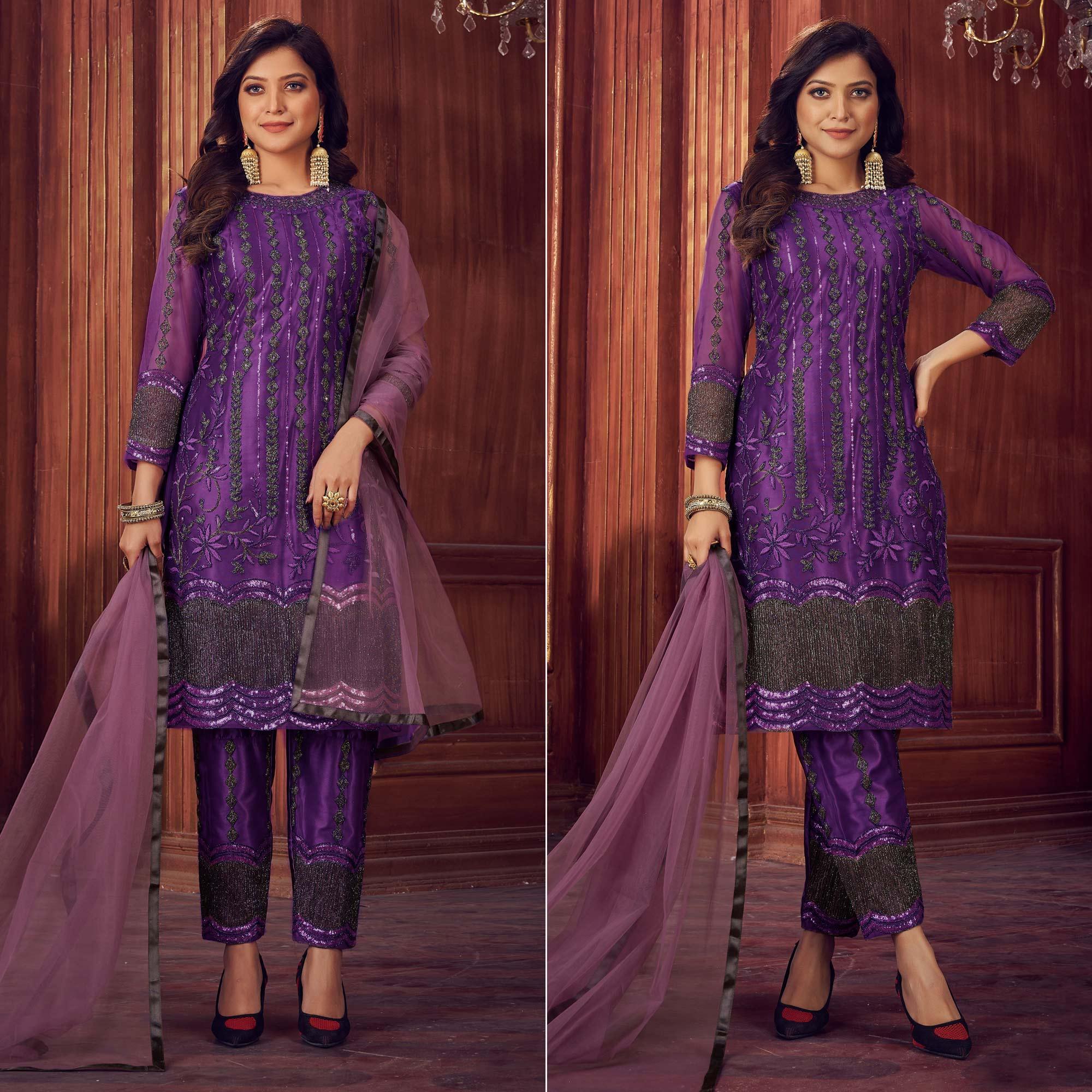 Dark Purple Embroidered Netted Suit - Peachmode