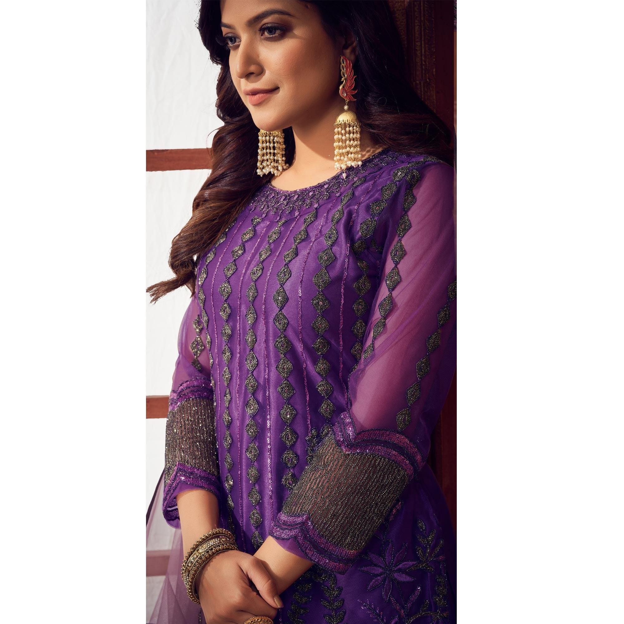 Dark Purple Embroidered Netted Suit - Peachmode