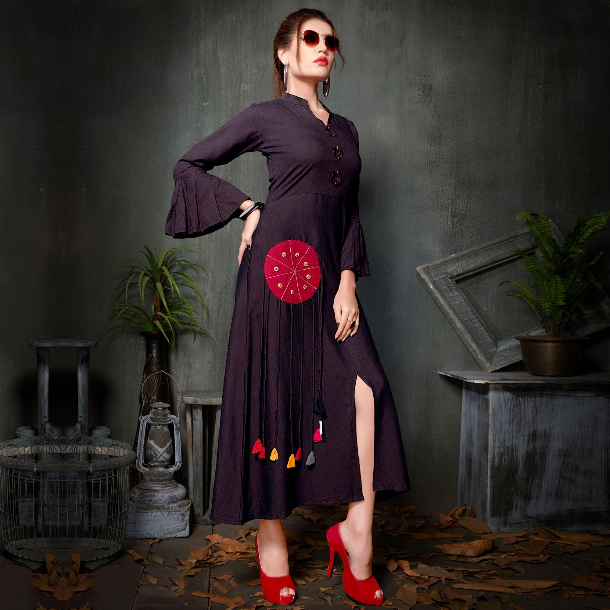 Dark Purple Embroidered Rayon Kurti - Peachmode