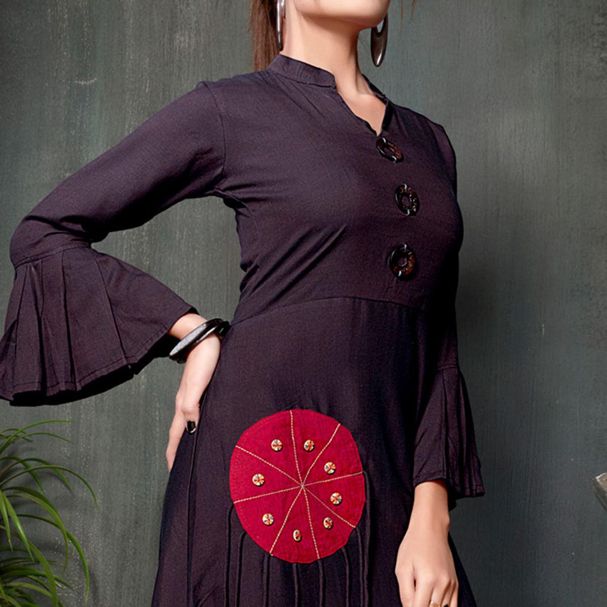 Dark Purple Embroidered Rayon Kurti - Peachmode