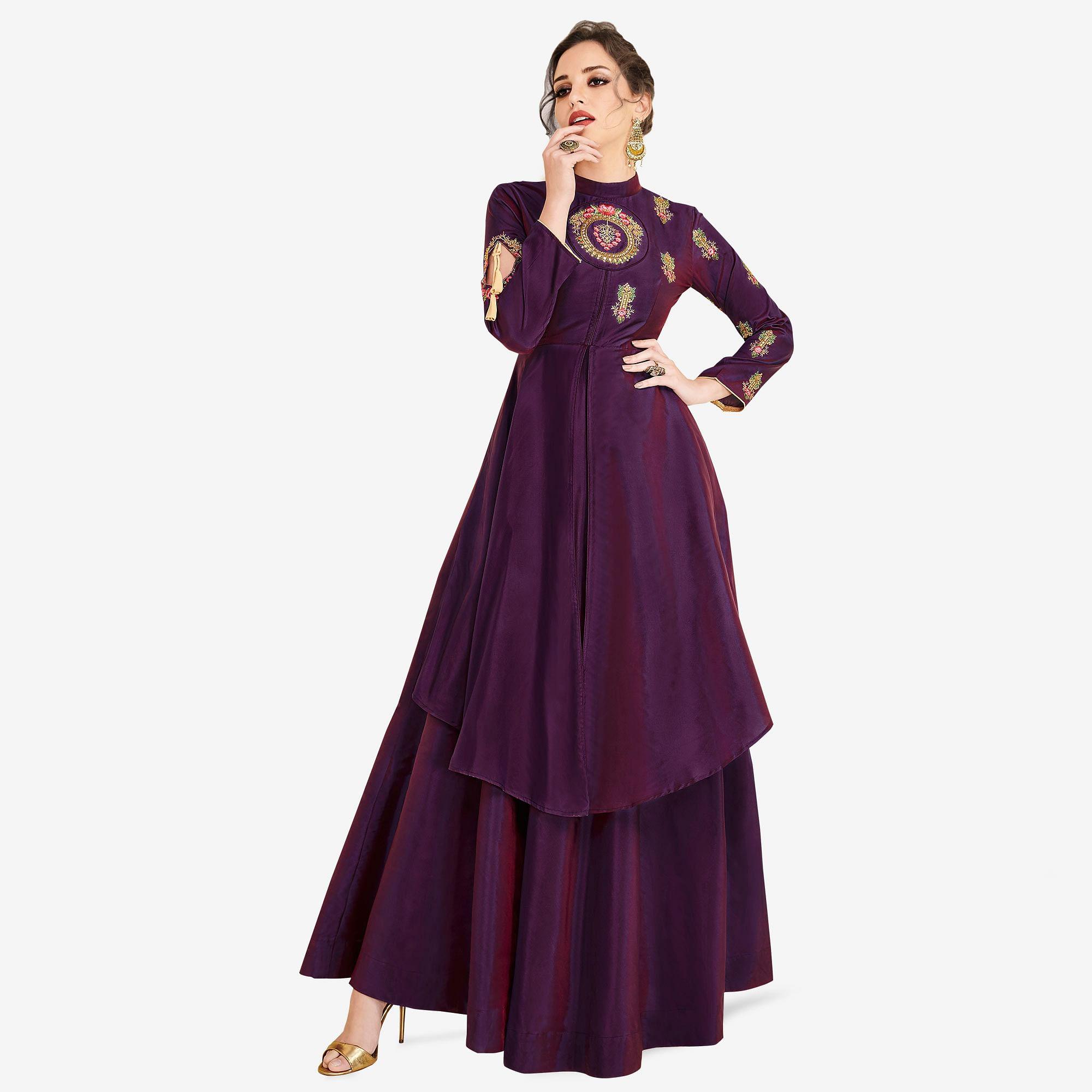 Dark Purple Embroidered Satin Gown - Peachmode