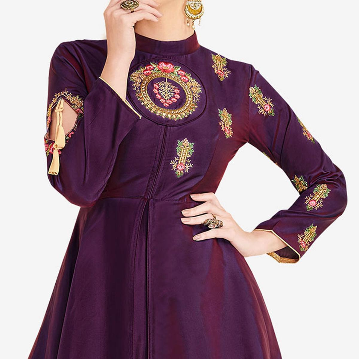Dark Purple Embroidered Satin Gown - Peachmode