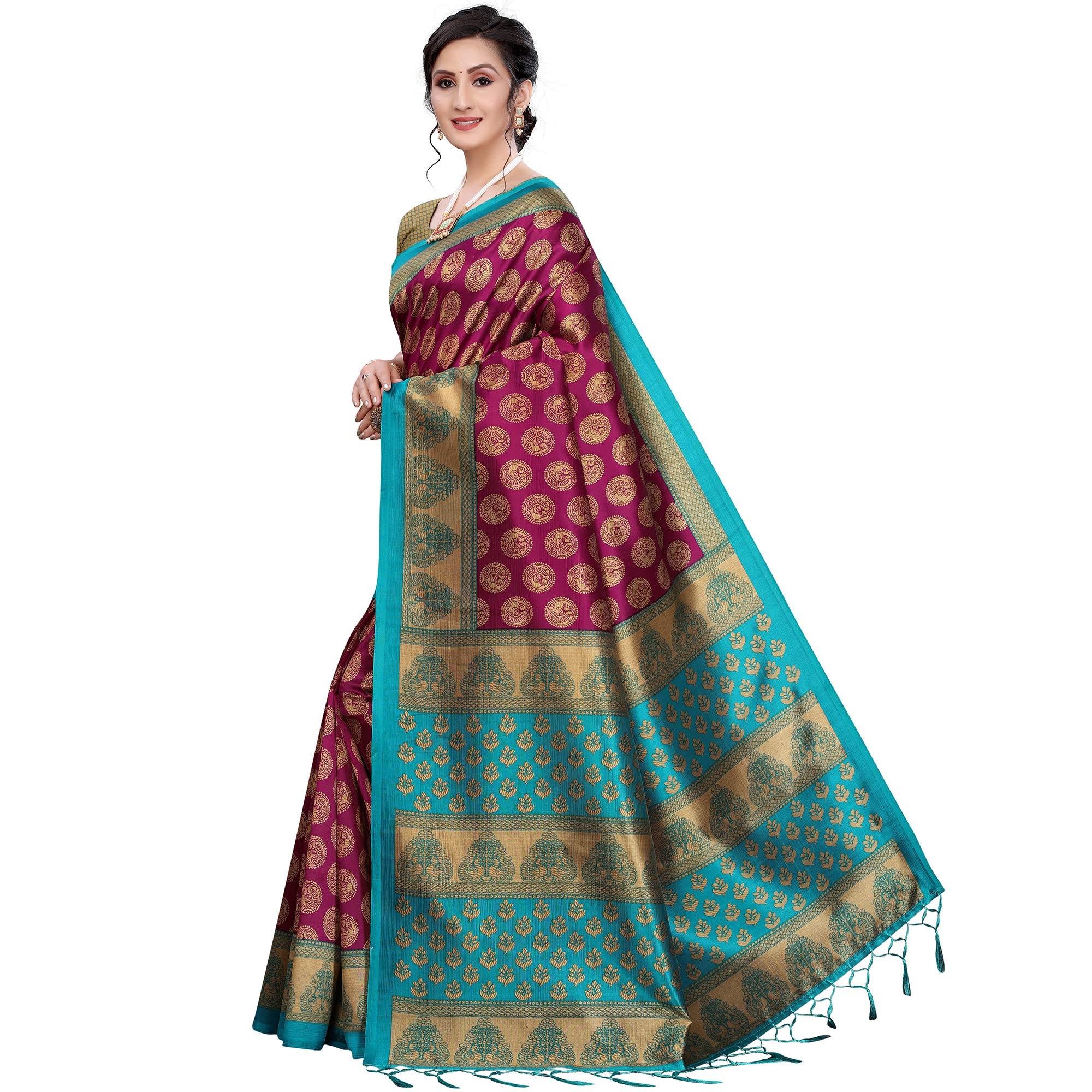 Dark Purple Festive Wear Printed Art Silk Saree With Tassels - Peachmode