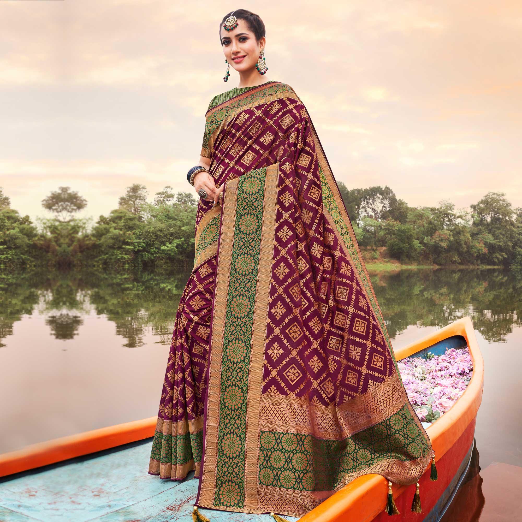 Dark Purple Festive Wear Woven Silk Saree - Peachmode