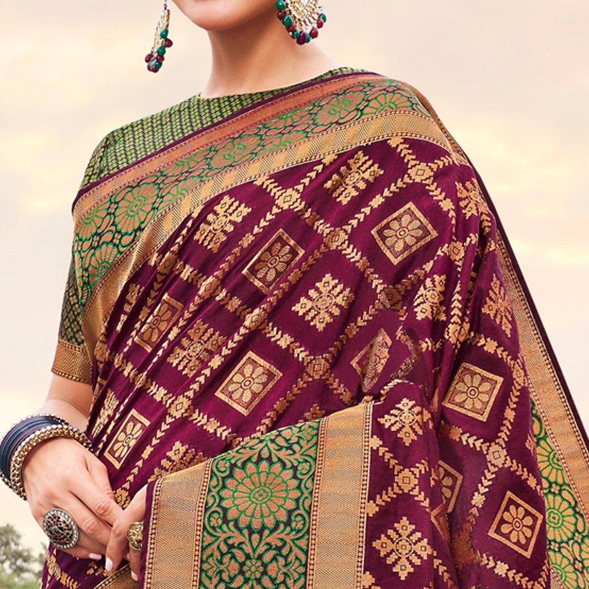 Dark Purple Festive Wear Woven Silk Saree - Peachmode