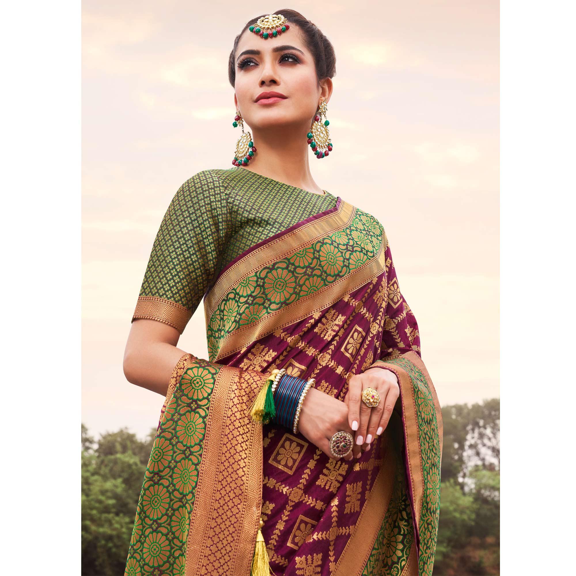 Dark Purple Festive Wear Woven Silk Saree - Peachmode