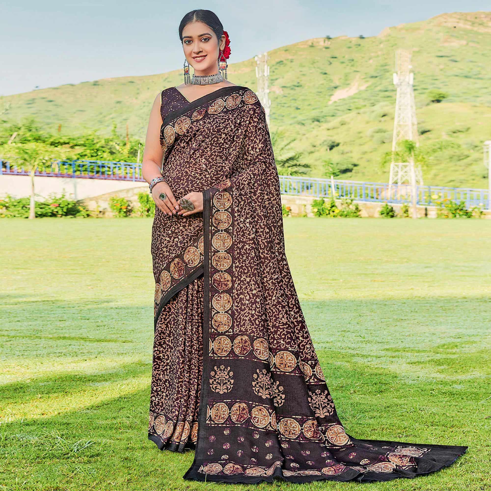 Dark Purple Printed Cotton Silk Saree - Peachmode