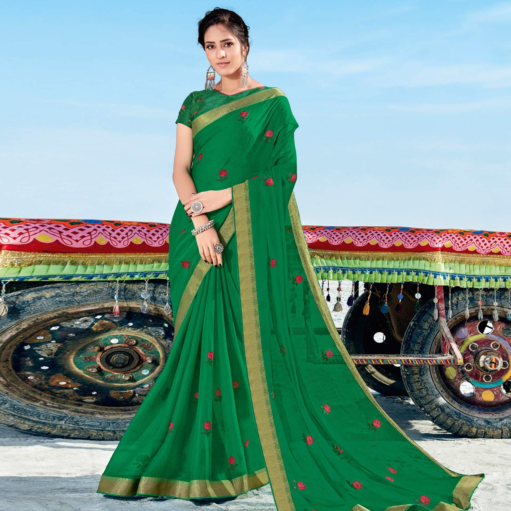 Dark Rama Green Casual Wear Printed Chiffon Saree - Peachmode