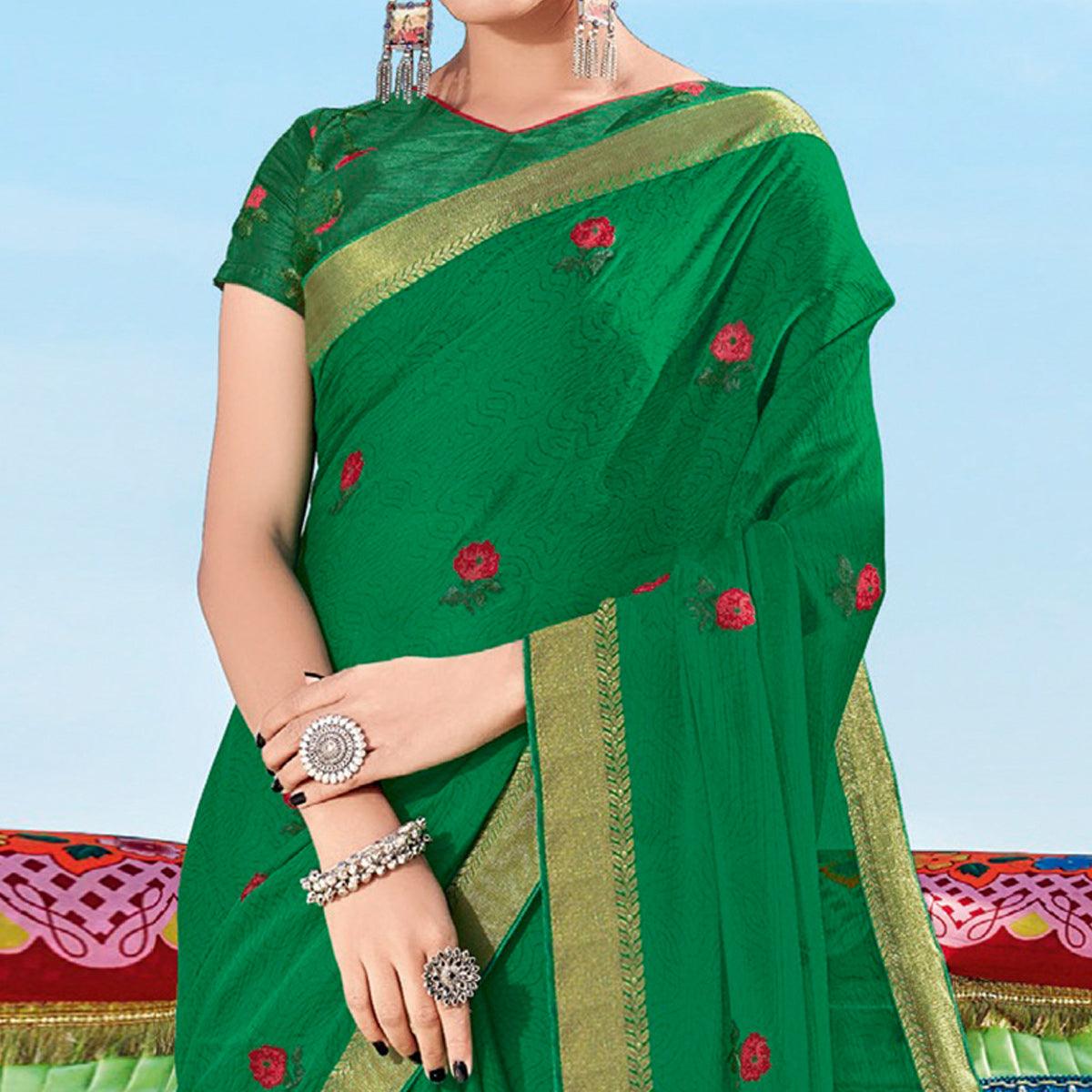 Dark Rama Green Casual Wear Printed Chiffon Saree - Peachmode